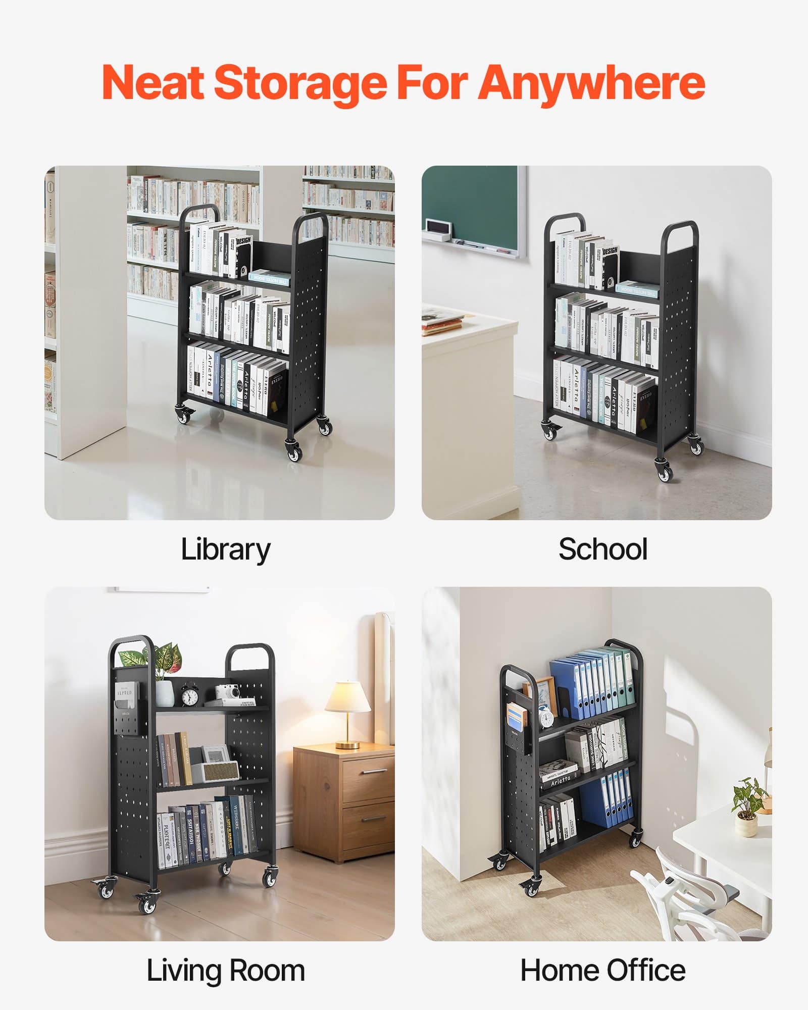 VEVOR Rolling Book Cart, 150 kg Capacity, 77x38x122 cm, 3-Tier Library Cart with Lockable Wheels, Steel Shelf for Home & Office — изображение 6