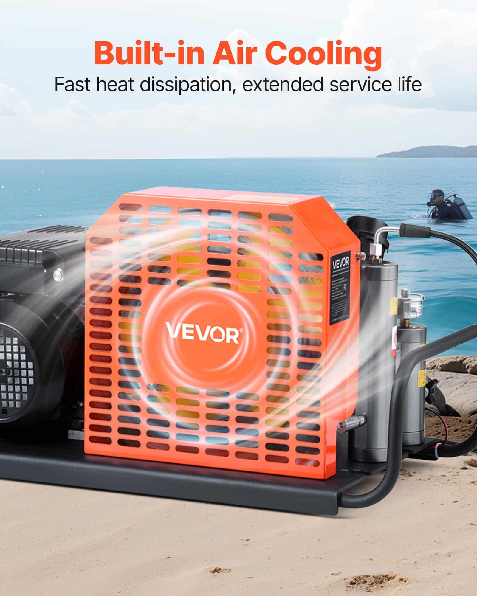 VEVOR 30MPa PCP Air Compressor, 60L/min 4-Cylinder Auto-Stop Pump with Fan Cooling for Scuba, Paintball, Firefighting — attēls 2