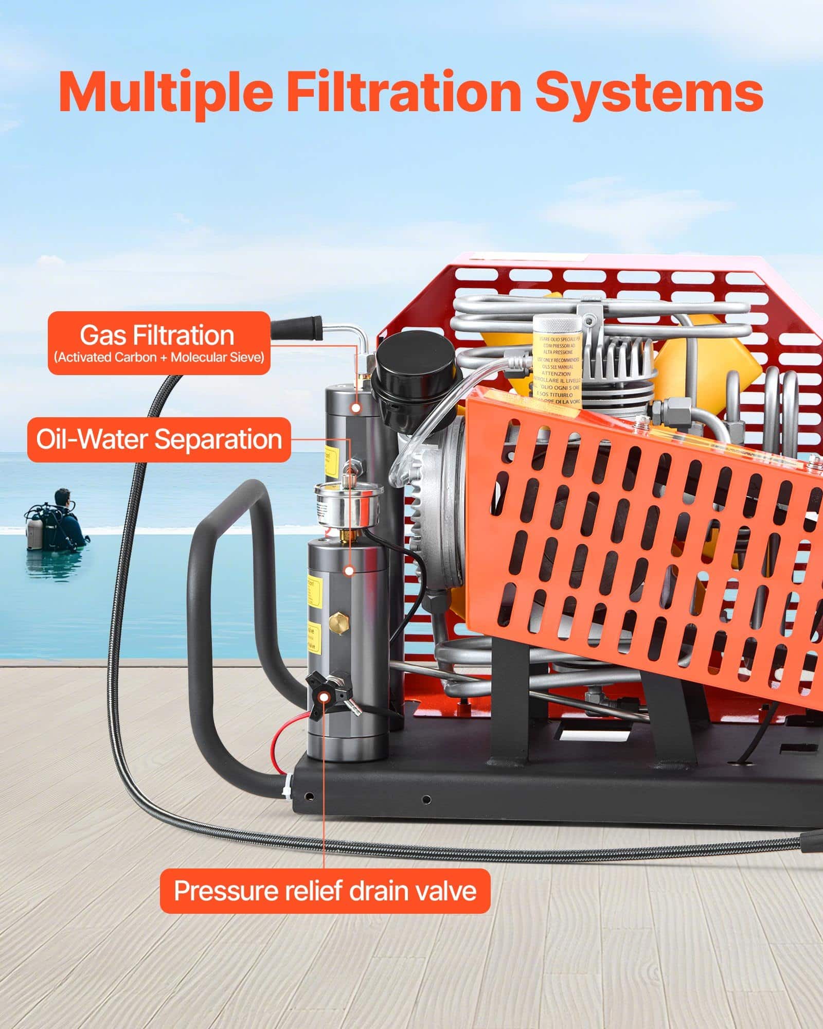 VEVOR 30MPa PCP Air Compressor, 60L/min 4-Cylinder Auto-Stop Pump with Fan Cooling for Scuba, Paintball, Firefighting — attēls 3