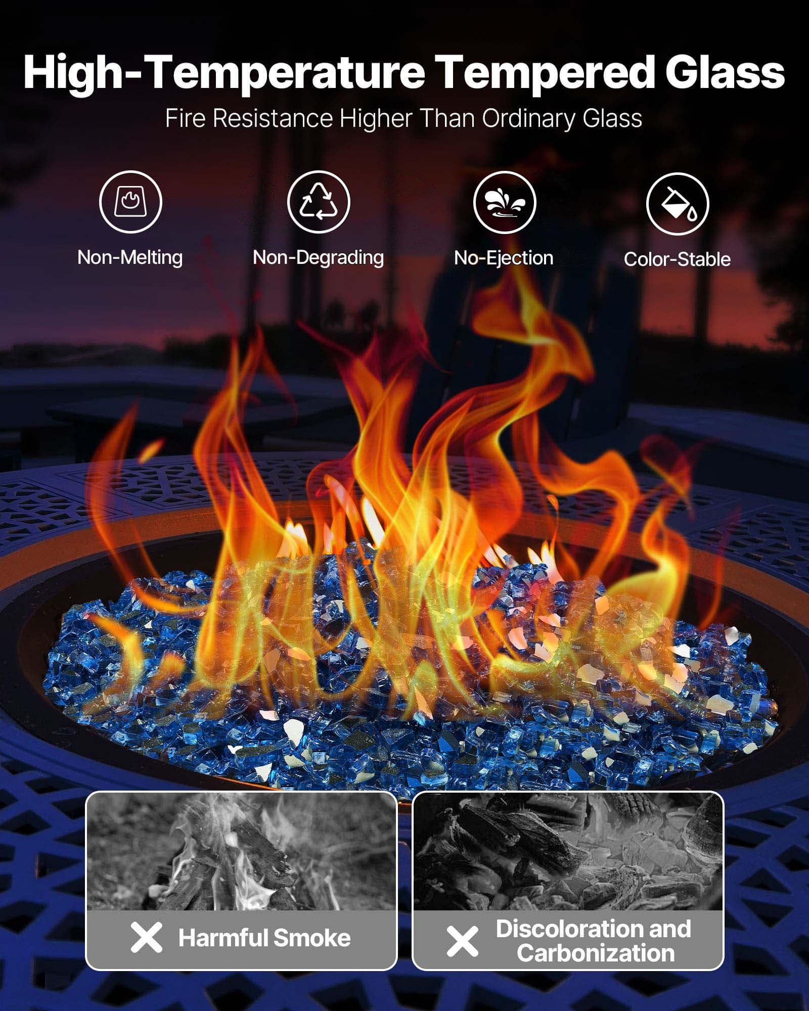 VEVOR 4.5kg Pacific Blue Reflective Fire Glass Rocks, 12.7mm Tempered, Smokeless, Heat-Resistant for Fire Pit or Landscaping - Зображення 3
