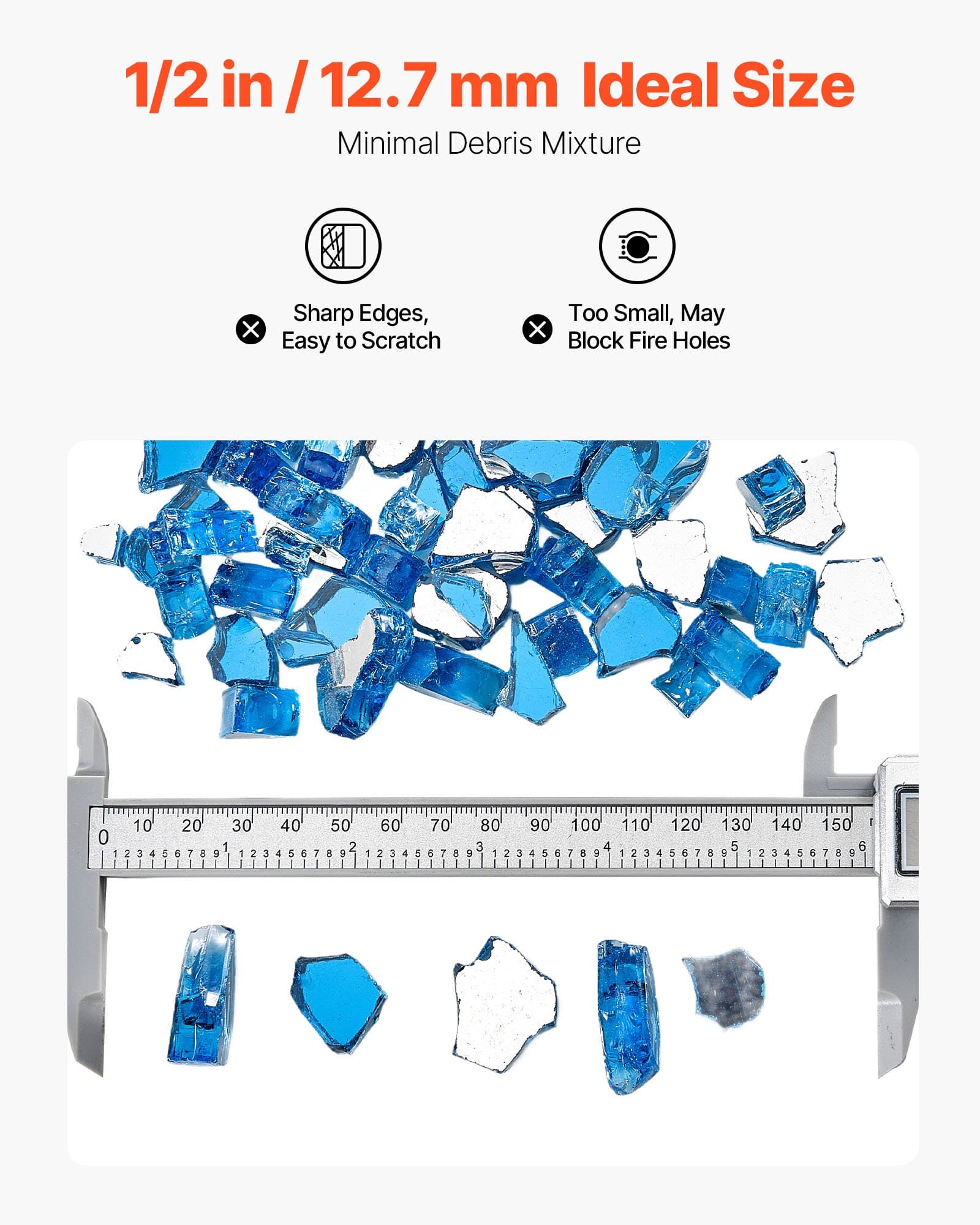 VEVOR 4.5kg Pacific Blue Reflective Fire Glass Rocks, 12.7mm Tempered, Smokeless, Heat-Resistant for Fire Pit or Landscaping - Зображення 5