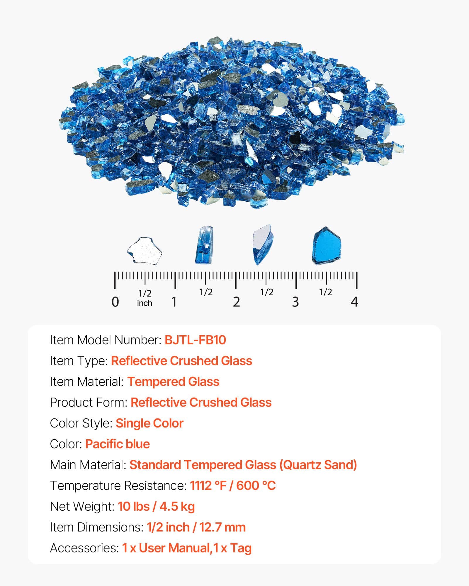 VEVOR 4.5kg Pacific Blue Reflective Fire Glass Rocks, 12.7mm Tempered, Smokeless, Heat-Resistant for Fire Pit or Landscaping - Зображення 7