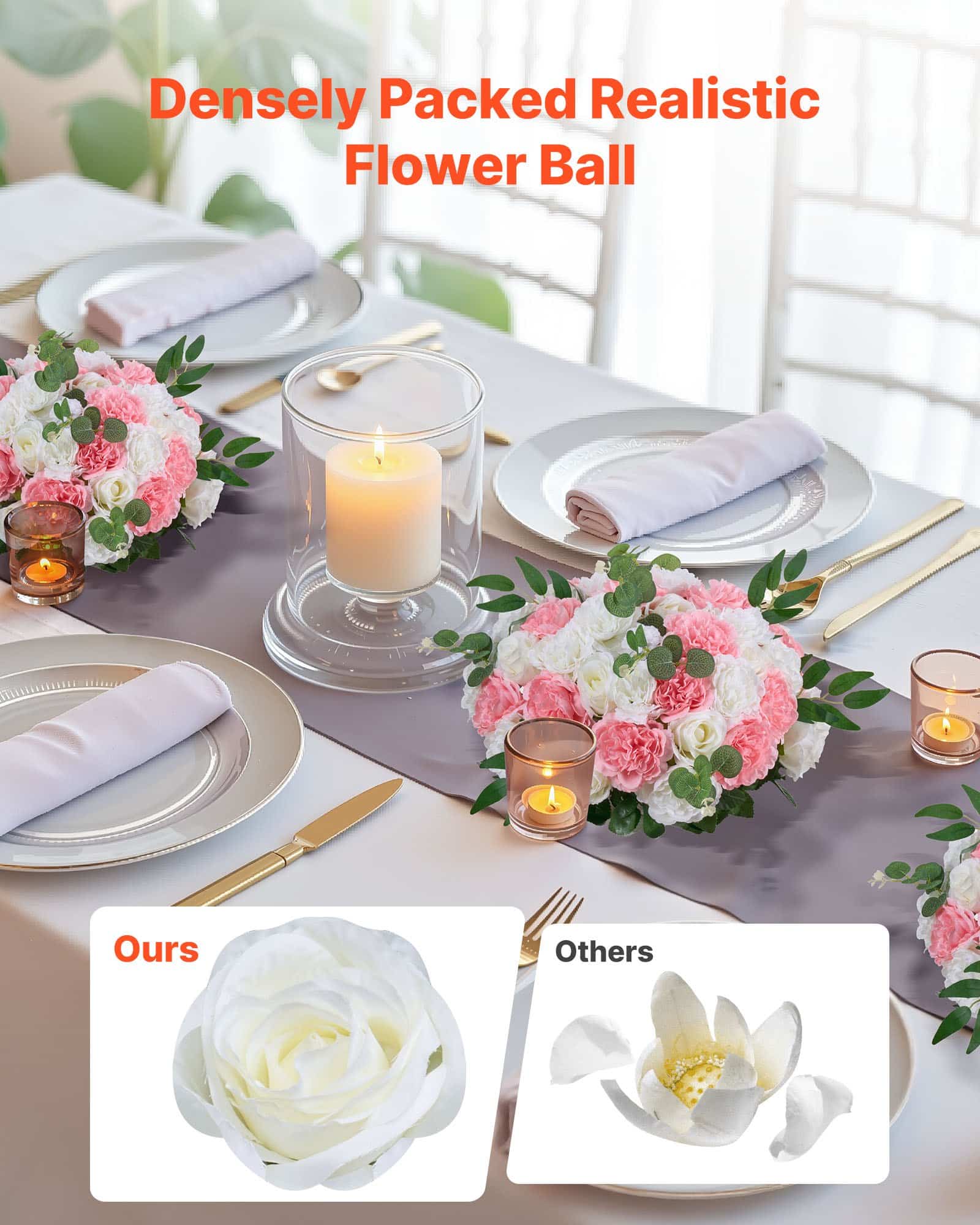 VEVOR 10 PCS 450 mm Artificial Rose Flower Balls – Pink & White Wedding Centerpieces, Table Décor, Home Arrangements — изображение 2
