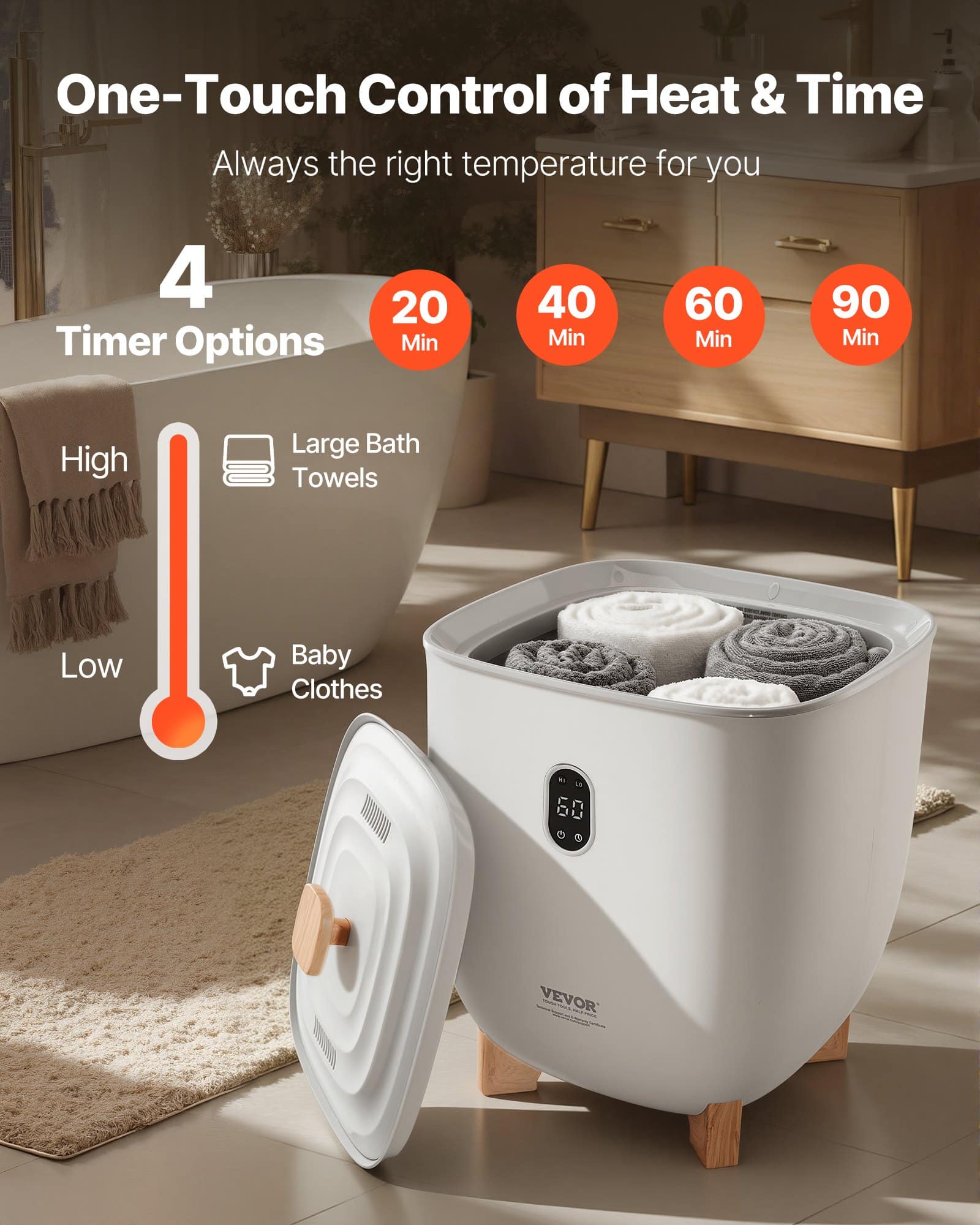 VEVOR 25L Towel Warmer Bucket with Auto Shut-Off, 2 Temp Settings & Timer, Fits 5 Large Towels, for Bathroom & Spa Use - Pilt 6