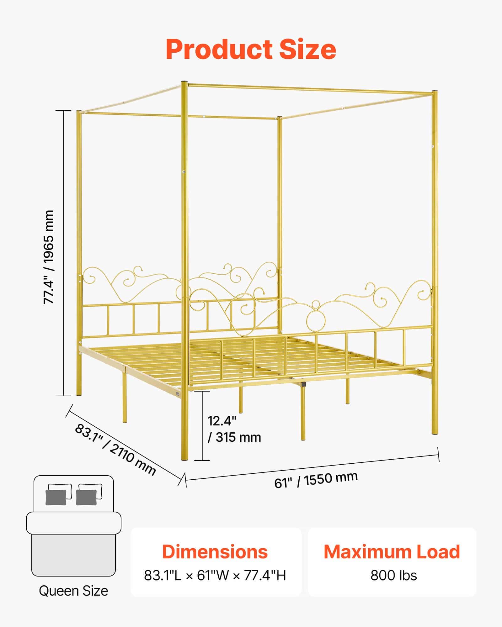 VEVOR Queen Size Gold Canopy Bed Frame, Metal with Minimalist Headboard, Heavy Duty Steel Slats, 211x155x196.5 cm, Storage Space - Pilt 2