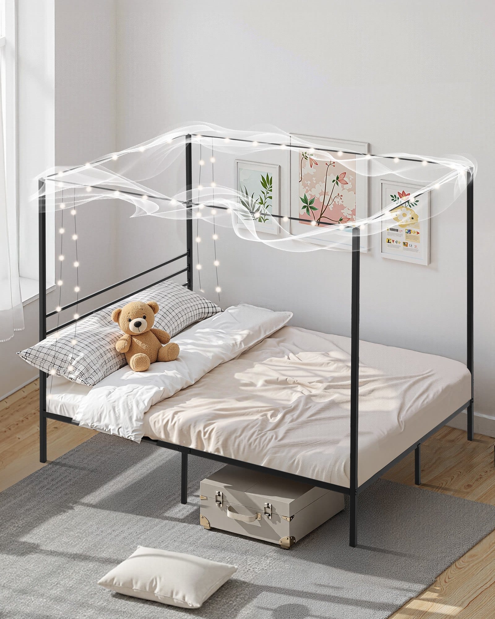 VEVOR Full Size Black Metal Canopy Bed Frame with 4-Post Design, Steel Slats, 1965x1370x1830mm, 12.4in Storage, No Box Spring – Paveikslėlis 7