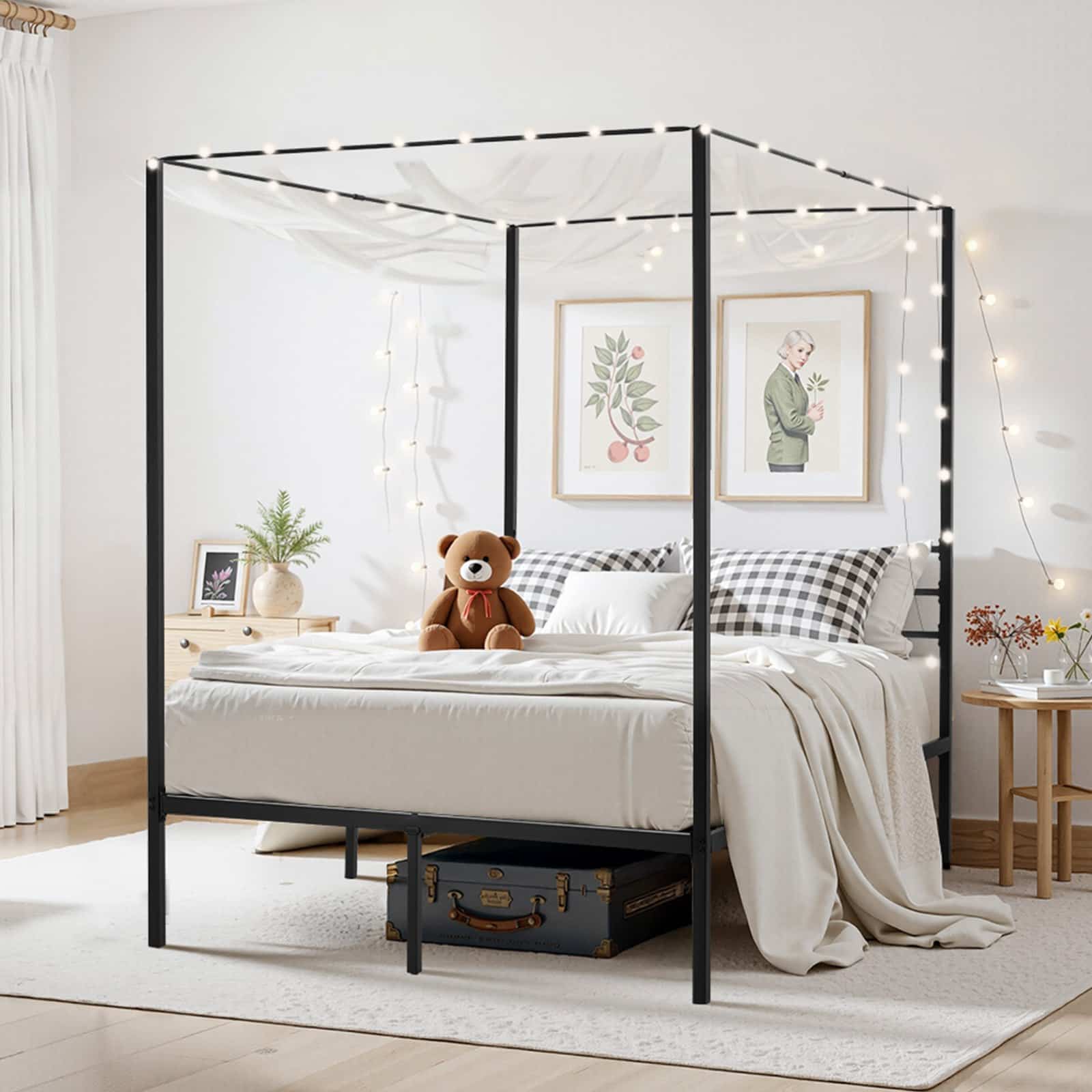 VEVOR Full Size Black Metal Canopy Bed Frame with 4-Post Design, Steel Slats, 1965x1370x1830mm, 12.4in Storage, No Box Spring – Paveikslėlis 8