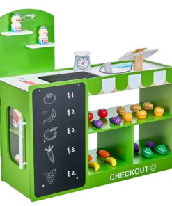 VEVOR Wooden Kids Grocery Store Playset with Conveyor Belt, Scanner & Accessories – Pretend Supermarket for Ages 3+