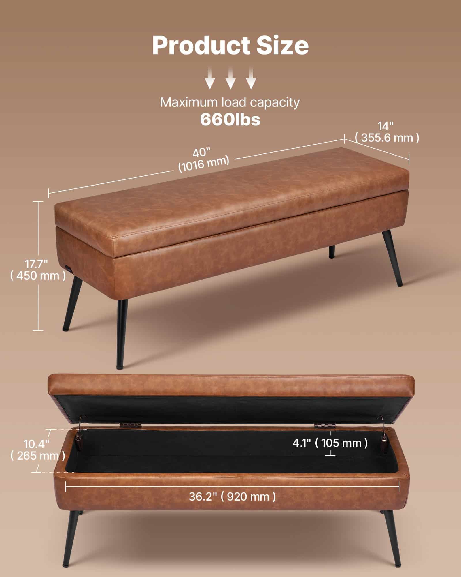 VEVOR Brown PU Leather Storage Ottoman Bench with Soft-Close Lid, 300kg Load, 101.5cm, for Entryway, Bedroom, Living Room — attēls 2
