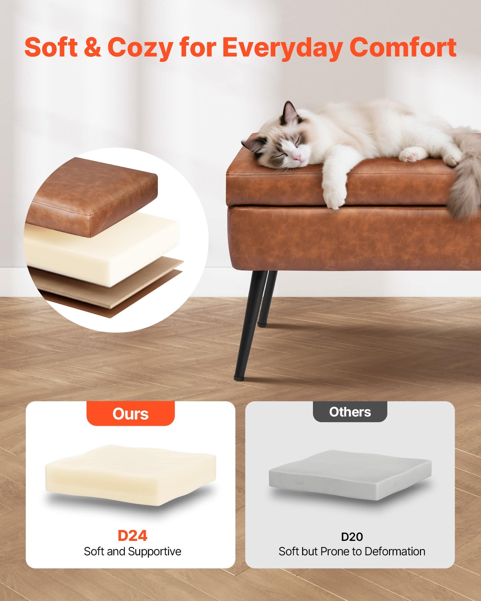 VEVOR Brown PU Leather Storage Ottoman Bench with Soft-Close Lid, 300kg Load, 101.5cm, for Entryway, Bedroom, Living Room — attēls 5