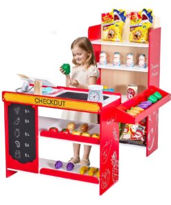 Wooden Kids Grocery Store Playset with Conveyor Belt, Scanner & 35 Accessories, Pretend Supermarket Toy for Ages 3+