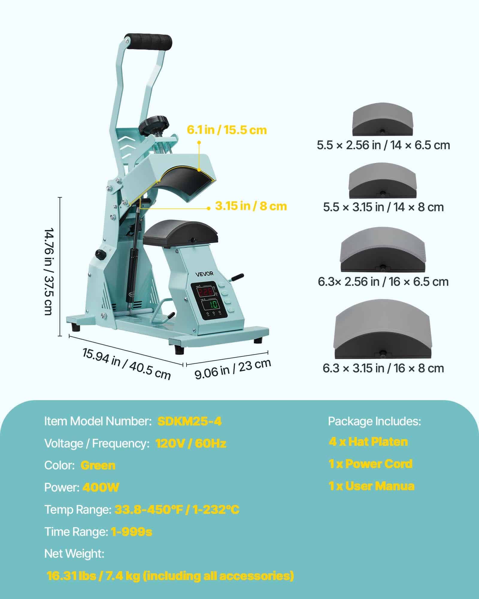 VEVOR 4-in-1 Hat Heat Press Machine with 4 Interchangeable Platens, Digital Temp/Time Control, for Caps, Headbands, Green – Paveikslėlis 7