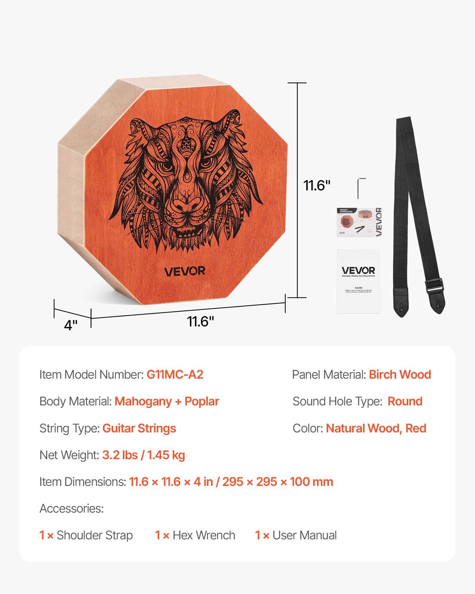 VEVOR Cajon Box Drum 295x295x100 mm, Birch Wood, Guitar Strings, Adjustable Strap, Portable Percussion for All Skill Levels — attēls 7