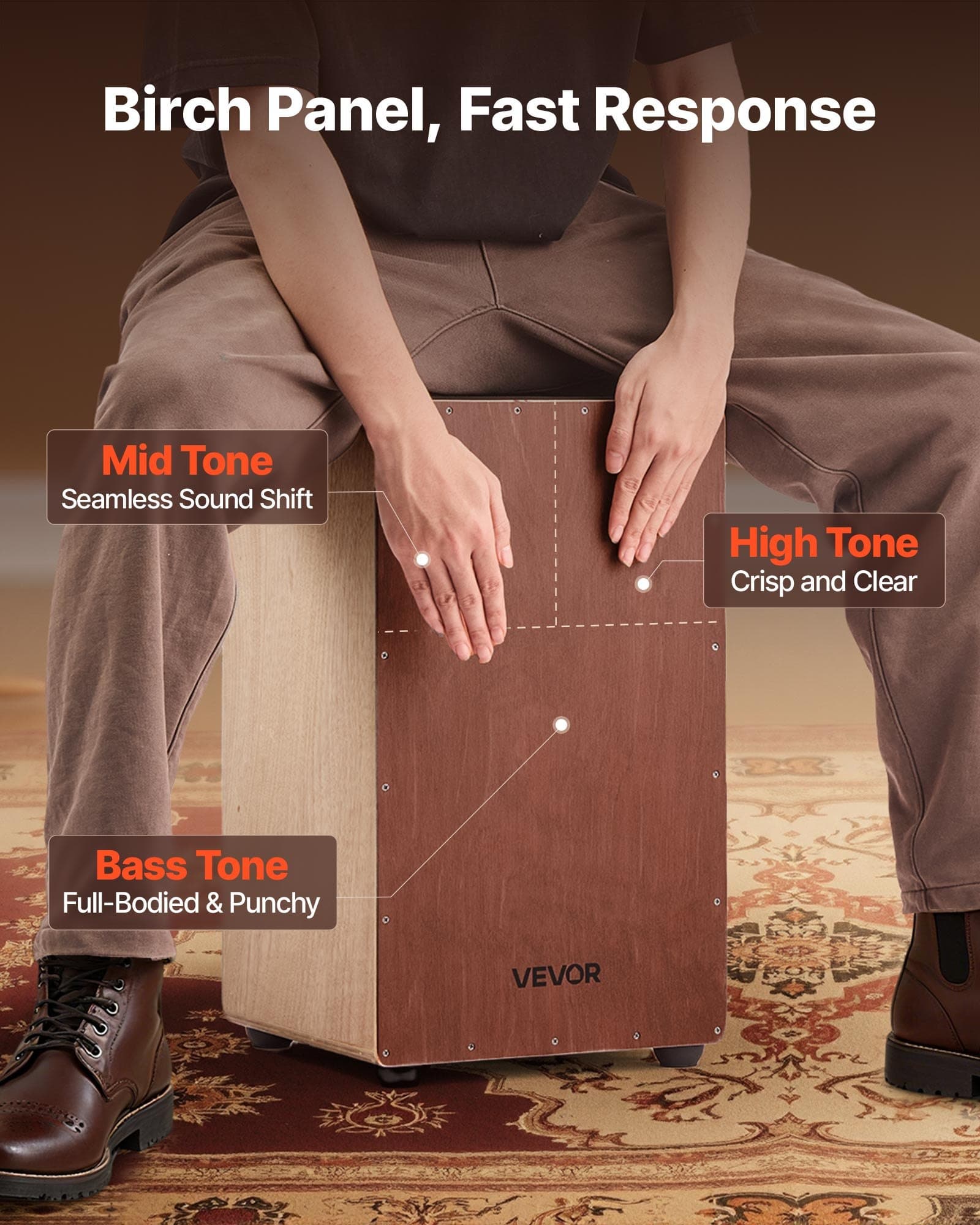 VEVOR Birch Cajon Box Drum 305x305x508mm with Snare Wires & Silicone Feet – Wooden Percussion for Beginners & Pros — изображение 2