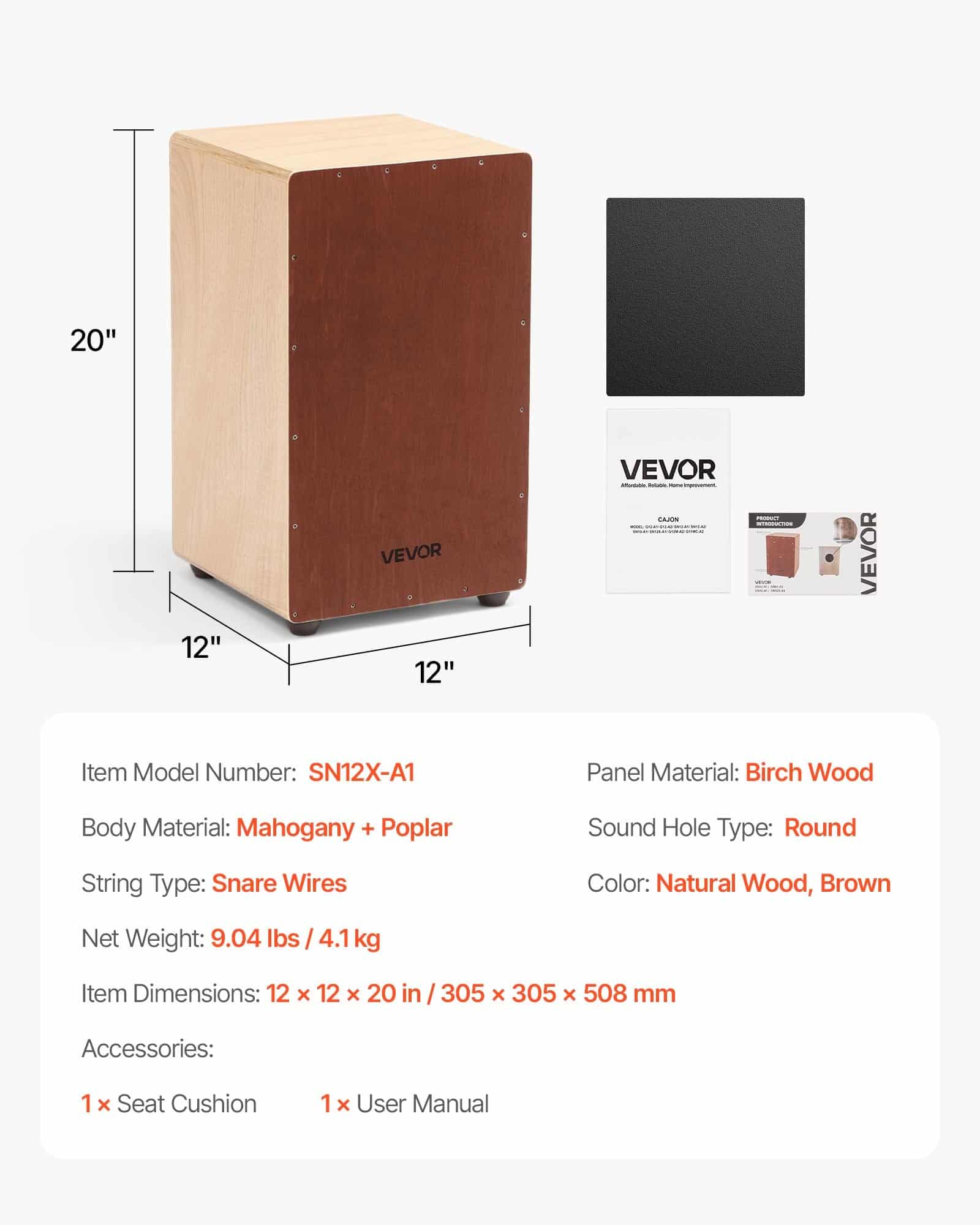VEVOR Birch Cajon Box Drum 305x305x508mm with Snare Wires & Silicone Feet – Wooden Percussion for Beginners & Pros — изображение 7