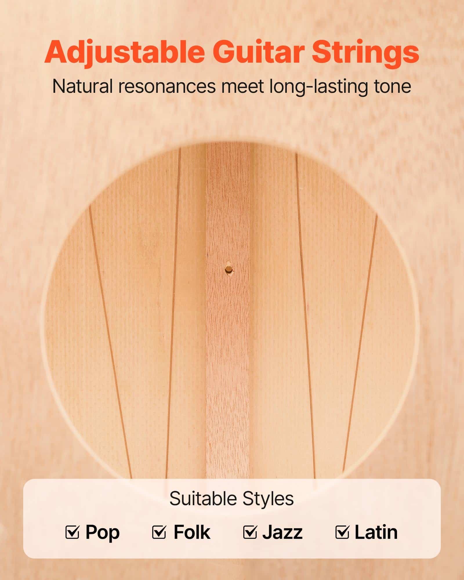 VEVOR Cajon Box Drum 305x305x430mm, Birch Wood, Internal Guitar Strings, Portable Percussion Instrument for All Levels – Paveikslėlis 3