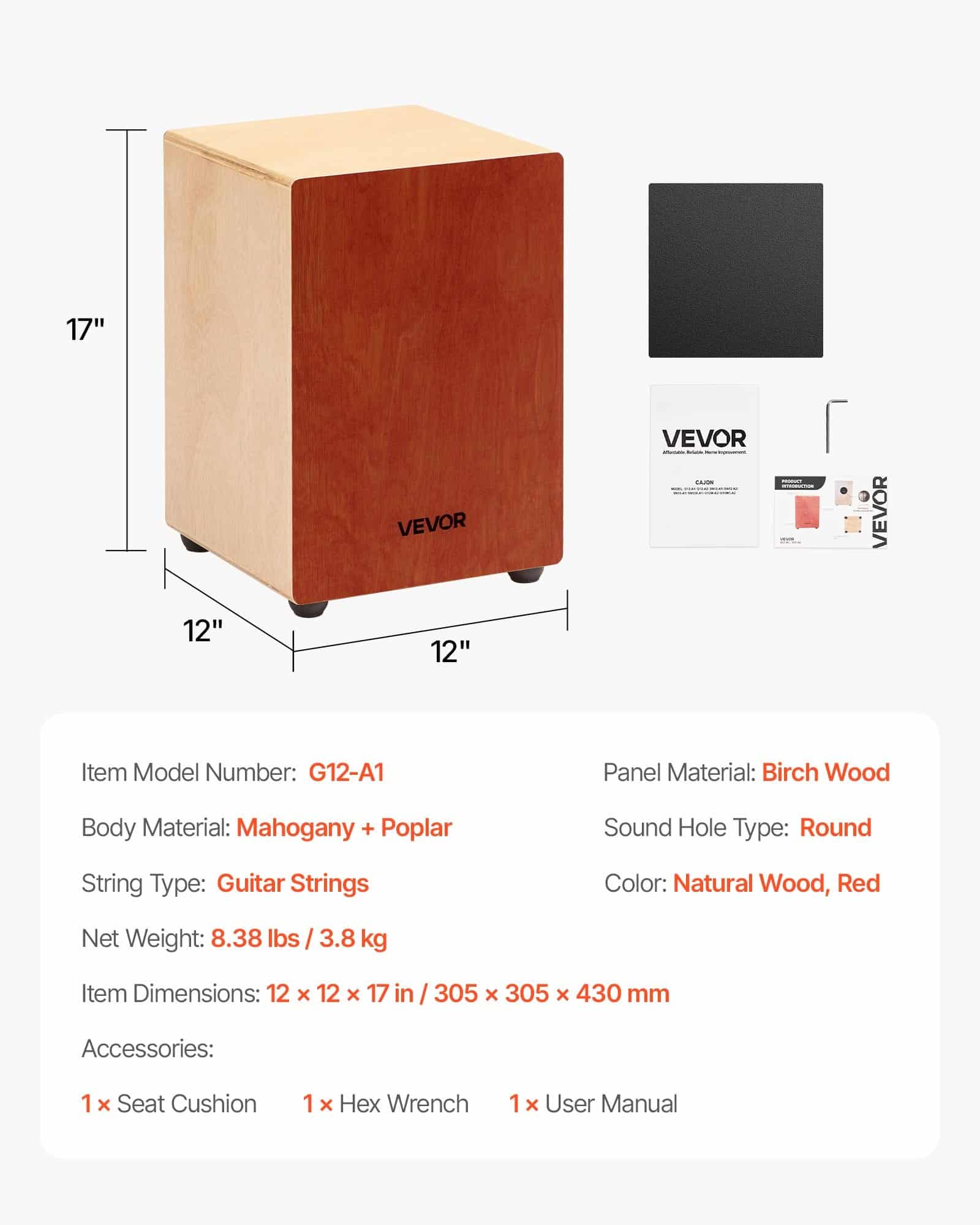 VEVOR Cajon Box Drum 305x305x430mm, Birch Wood, Internal Guitar Strings, Portable Percussion Instrument for All Levels – Paveikslėlis 7