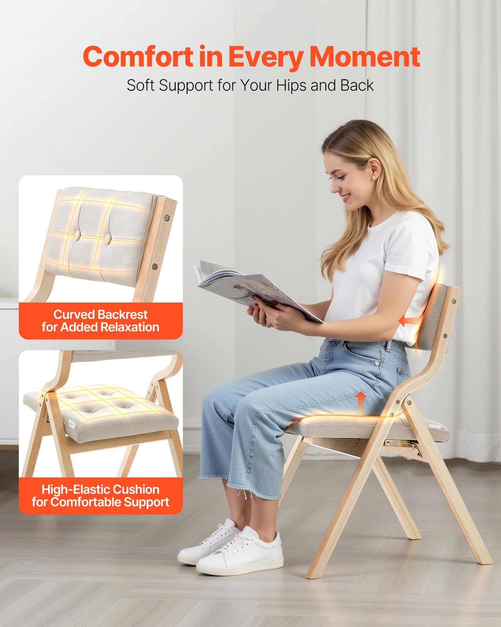 VEVOR Set of 2 Wooden Folding Chairs with Cushions, 180kg Capacity, Padded, Portable, Beige, for Dining, Office, Events - Pilt 3