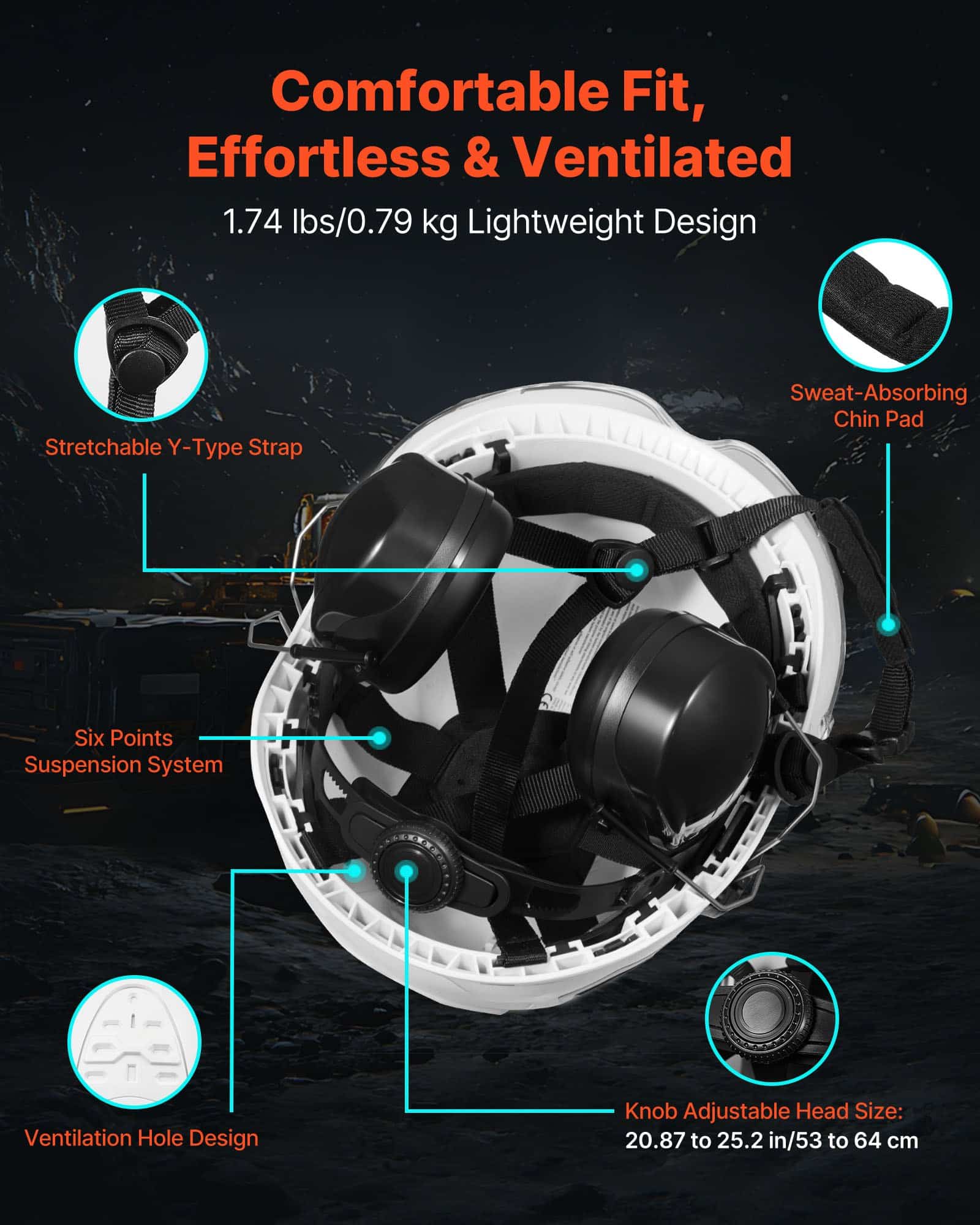 VEVOR Industrial Safety Helmet with Visor & Earmuffs, ABS Hard Hat, Vented, Adjustable 6-Point Fit, ANSI/CE Certified - Image 4