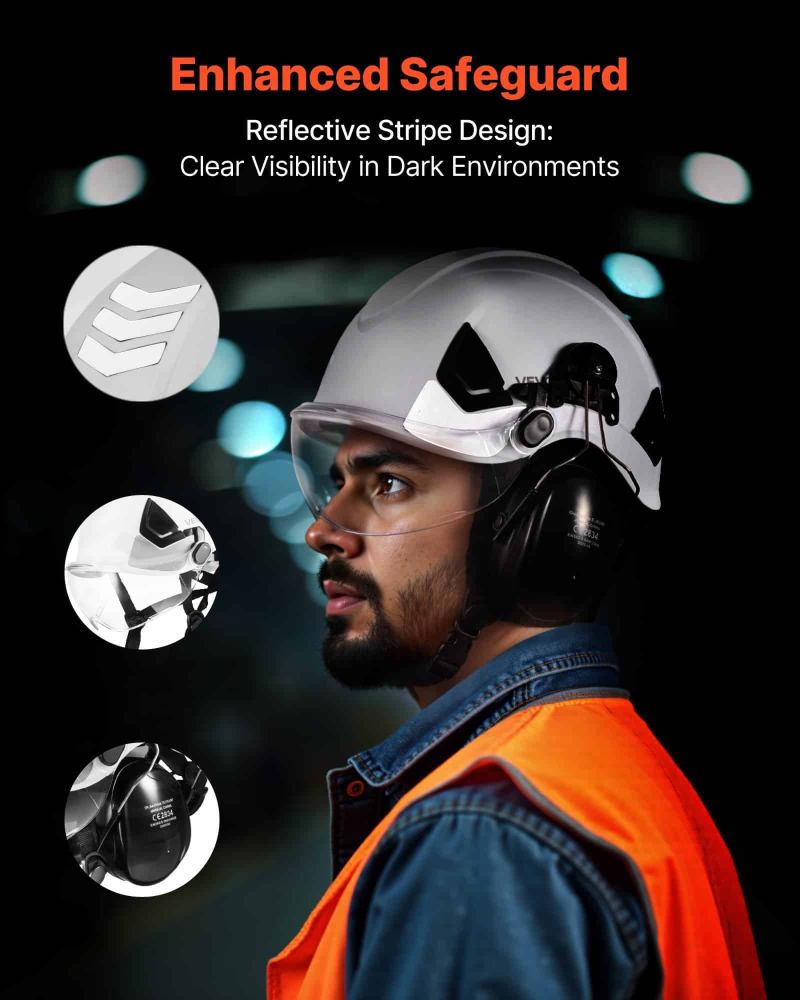 VEVOR Industrial Safety Helmet with Visor & Earmuffs, ABS Hard Hat, Vented, Adjustable 6-Point Fit, ANSI/CE Certified - Image 5