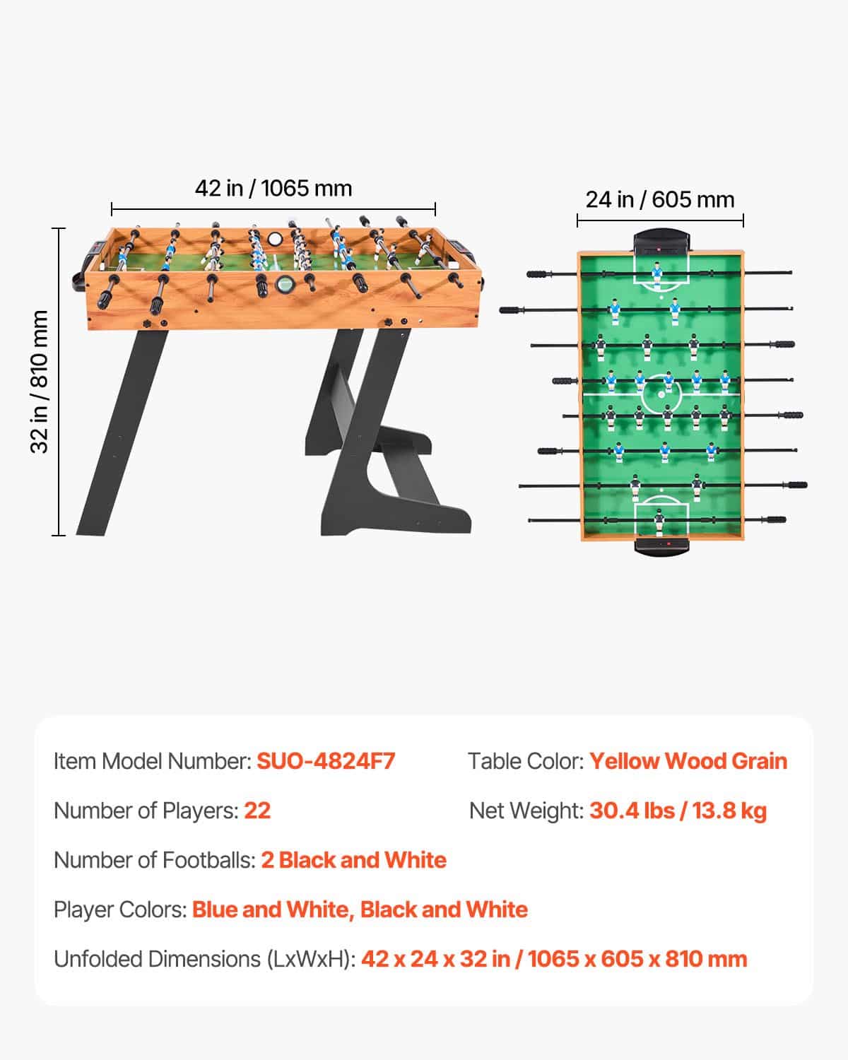 VEVOR 106 cm Foldable Foosball Table, Full Size Indoor Soccer Game with 22 Players & 2 Balls, Durable MDF, for Home & Game Room – Paveikslėlis 7