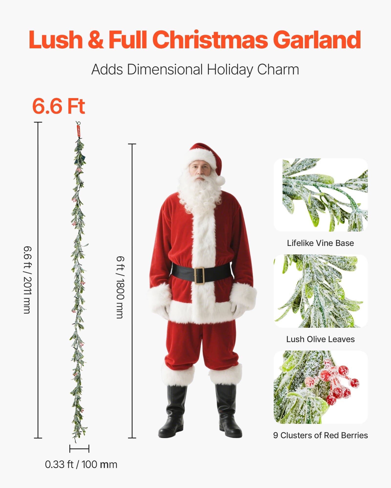 VEVOR 2011 mm Christmas Garland with LED Lights, Realistic Greenery, Olive Leaves & Berries, Indoor/Outdoor Xmas Decor — attēls 2
