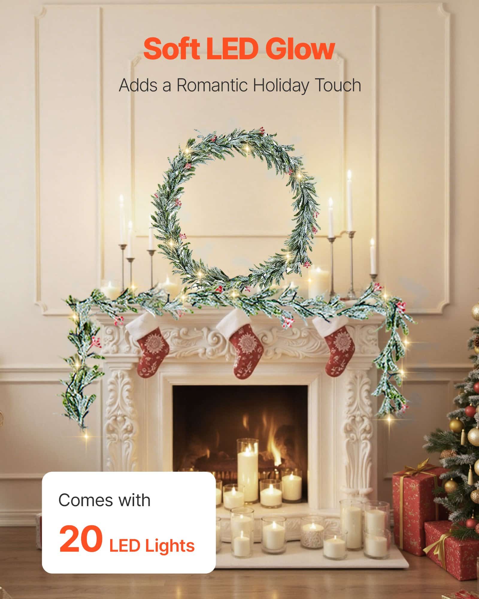 VEVOR 2011 mm Christmas Garland with LED Lights, Realistic Greenery, Olive Leaves & Berries, Indoor/Outdoor Xmas Decor — attēls 3