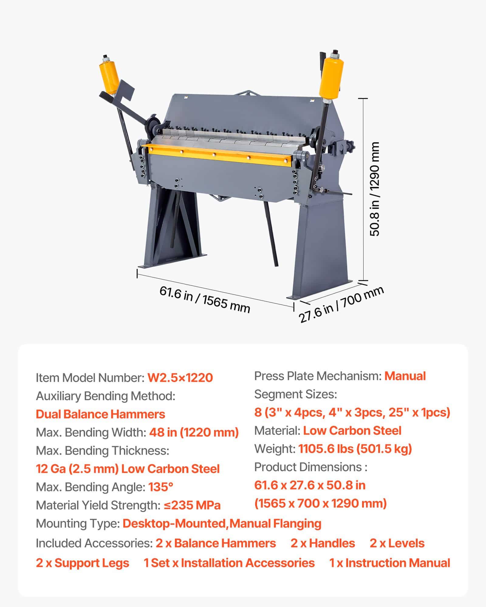VEVOR 1220 mm Box and Pan Brake, 2.5 mm Steel Capacity, 0–135° Adjustable, 8-Finger Heavy-Duty Bender for Sheet Metal — attēls 7