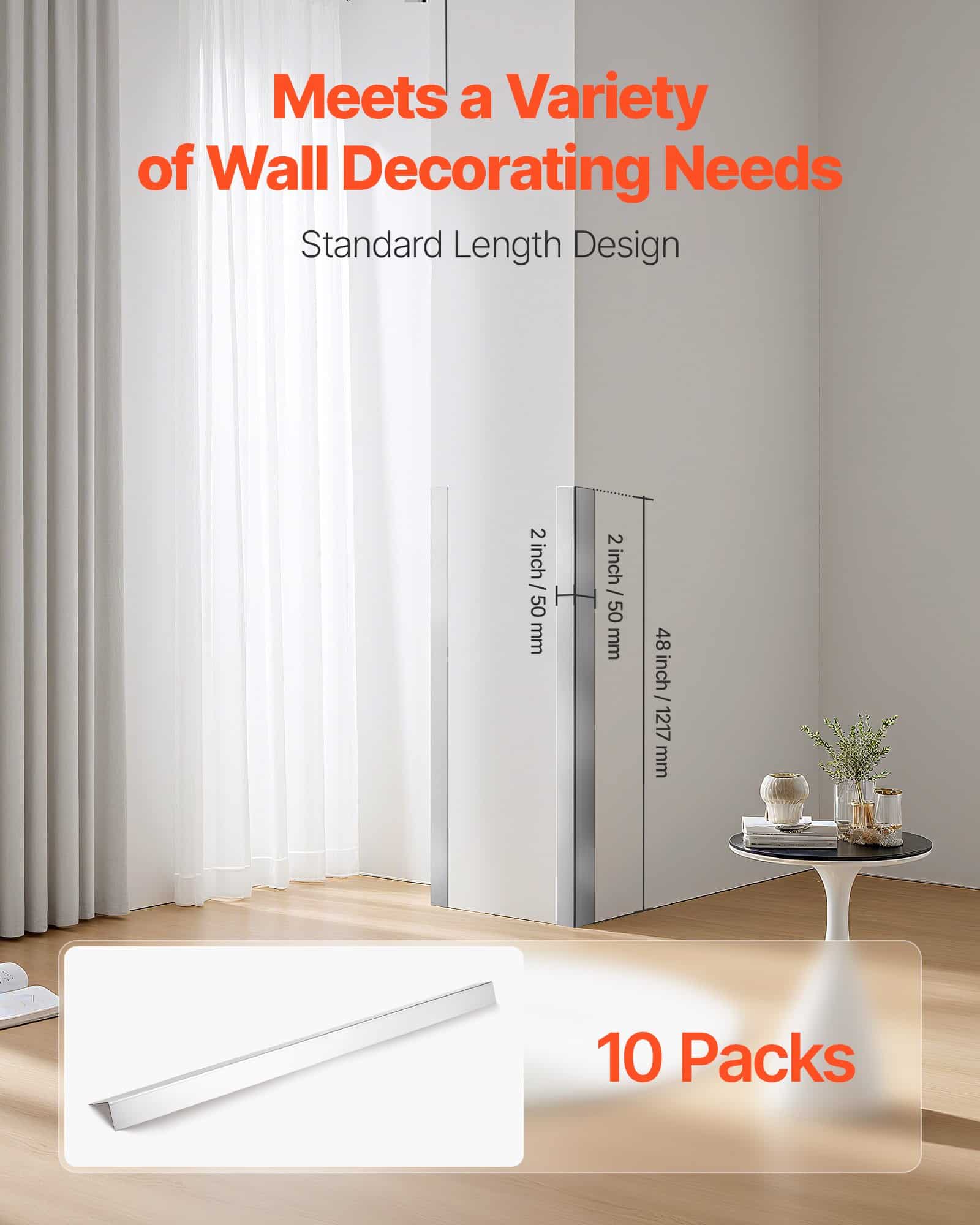 VEVOR 304 Stainless Steel Wall Corner Guards 50x50x1217mm, 10-Pack, 90° Edge Protectors with 3M Tape for Home & Commercial Use — изображение 2