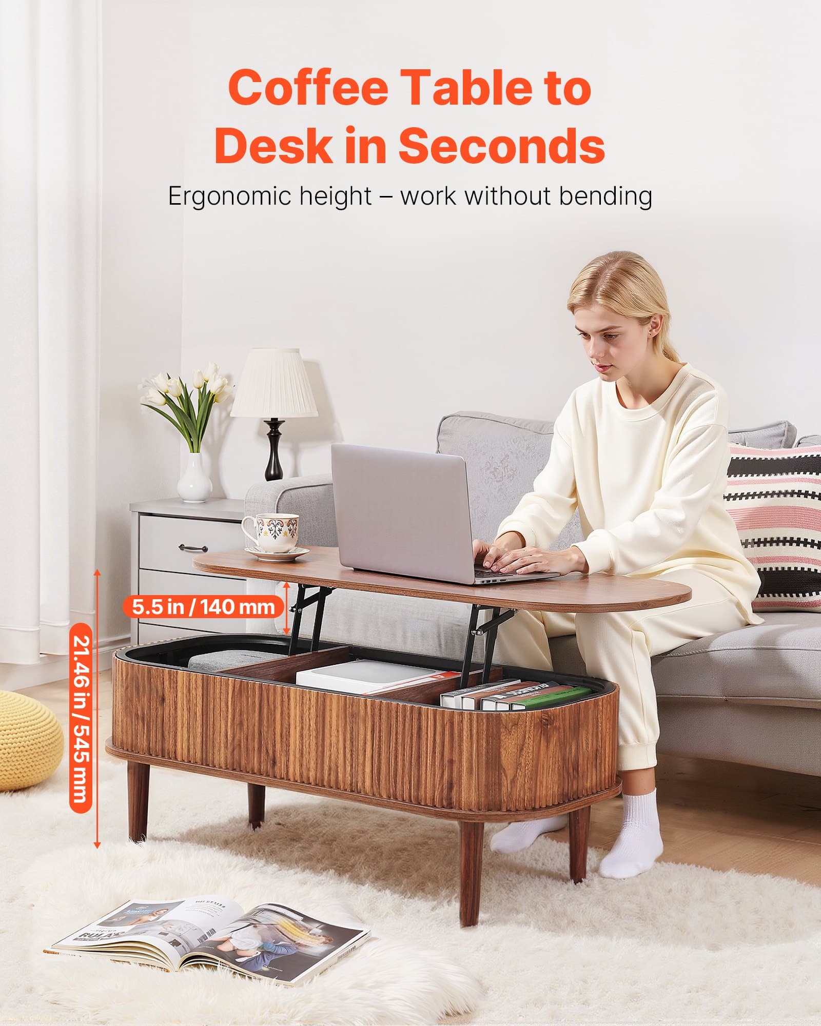 VEVOR 1000 mm Lift Top Oval Coffee Table with Storage, Mid-Century