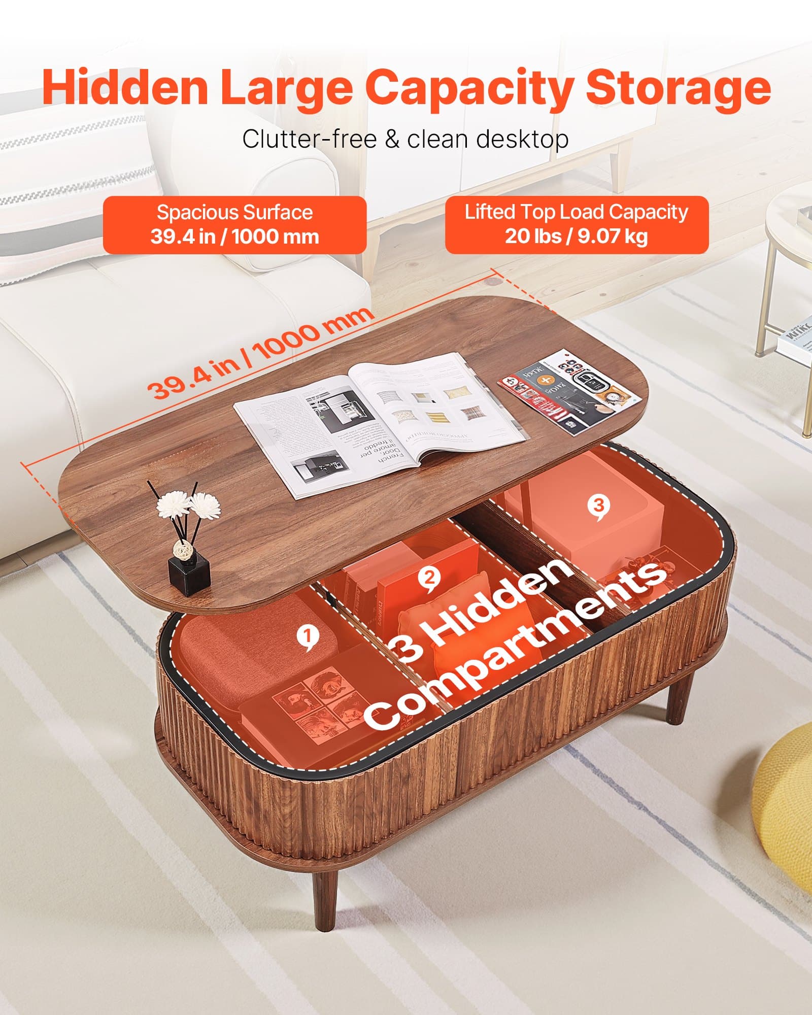 VEVOR 1000 mm Lift Top Oval Coffee Table with Storage, Mid-Century