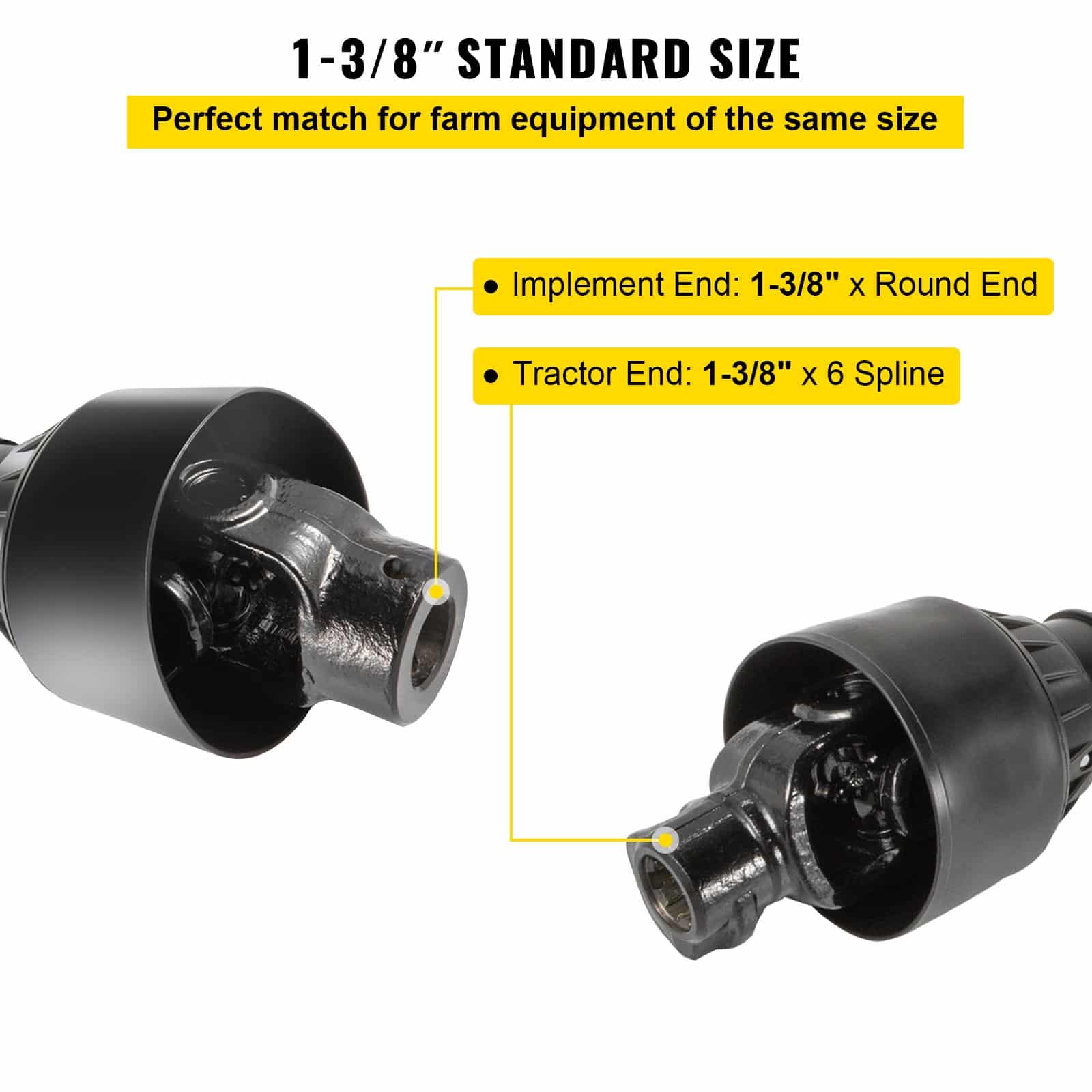 VEVOR T4 PTO Drive Shaft 1-3/8" 6-Spline x Round End, Telescopic 1100–1550mm, 35HP/53HP for Tractors & Agricultural Tools — изображение 3
