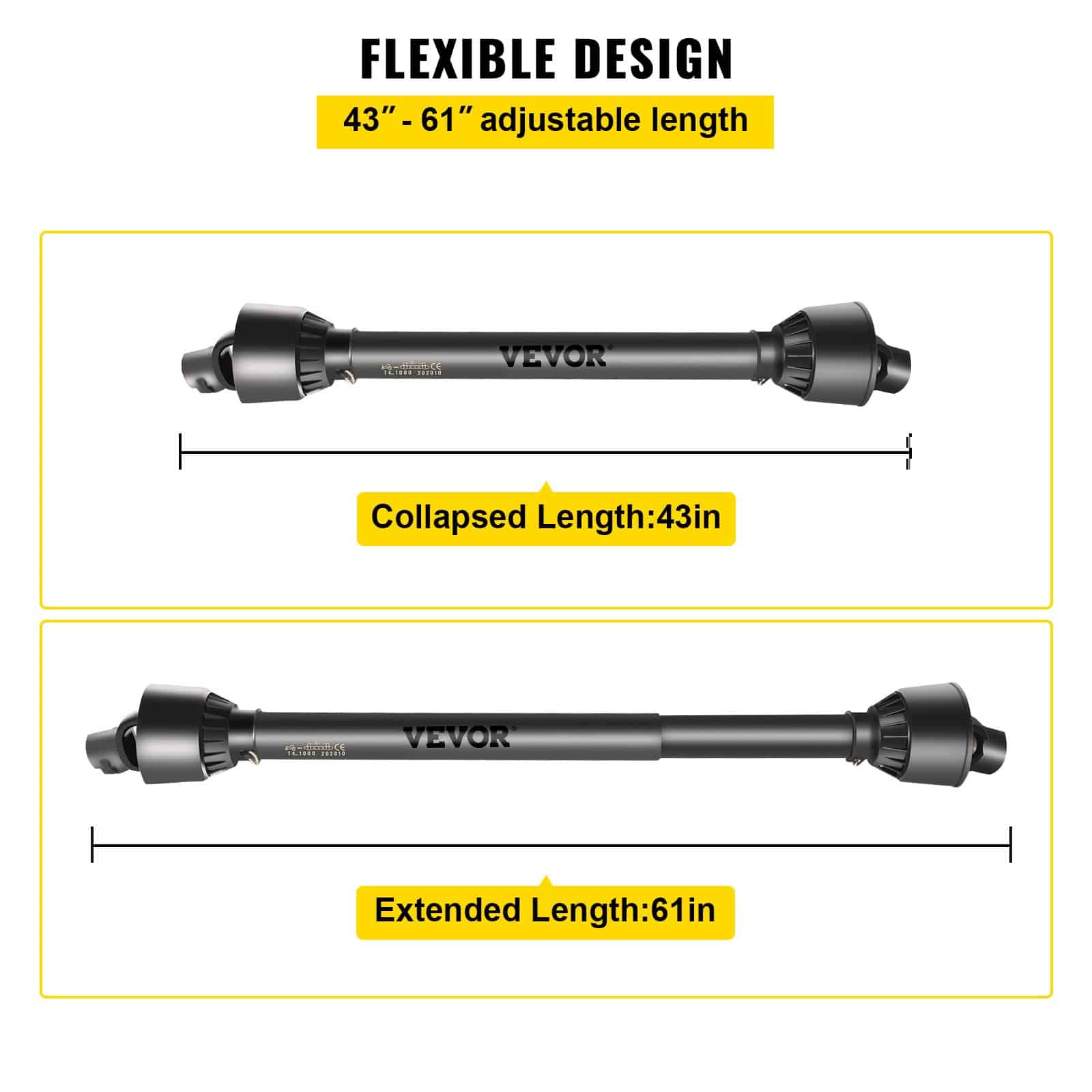 VEVOR T4 PTO Drive Shaft 1-3/8" 6-Spline x Round End, Telescopic 1100–1550mm, 35HP/53HP for Tractors & Agricultural Tools — изображение 4