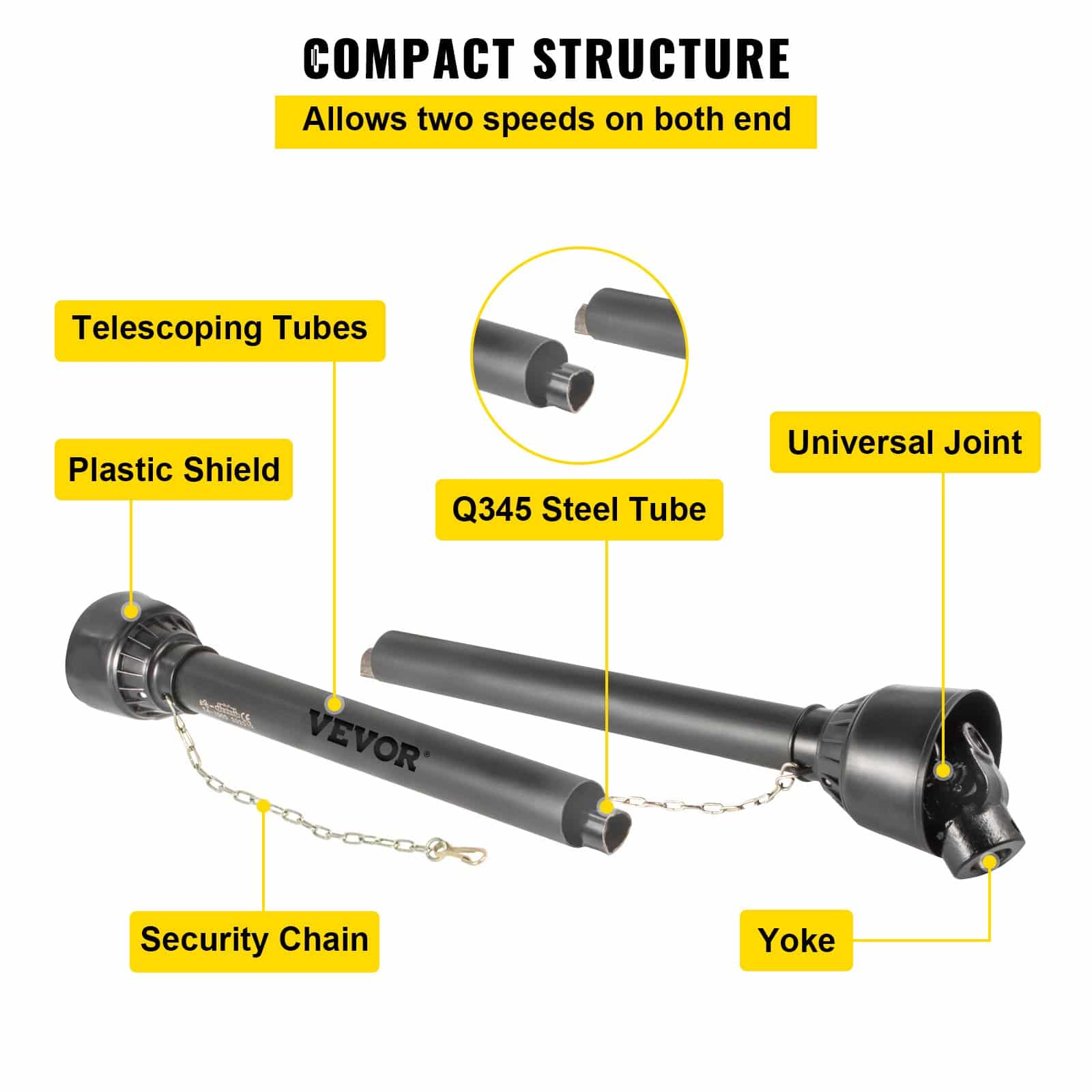 VEVOR T4 PTO Drive Shaft 1-3/8" 6-Spline x Round End, Telescopic 1100–1550mm, 35HP/53HP for Tractors & Agricultural Tools — изображение 5