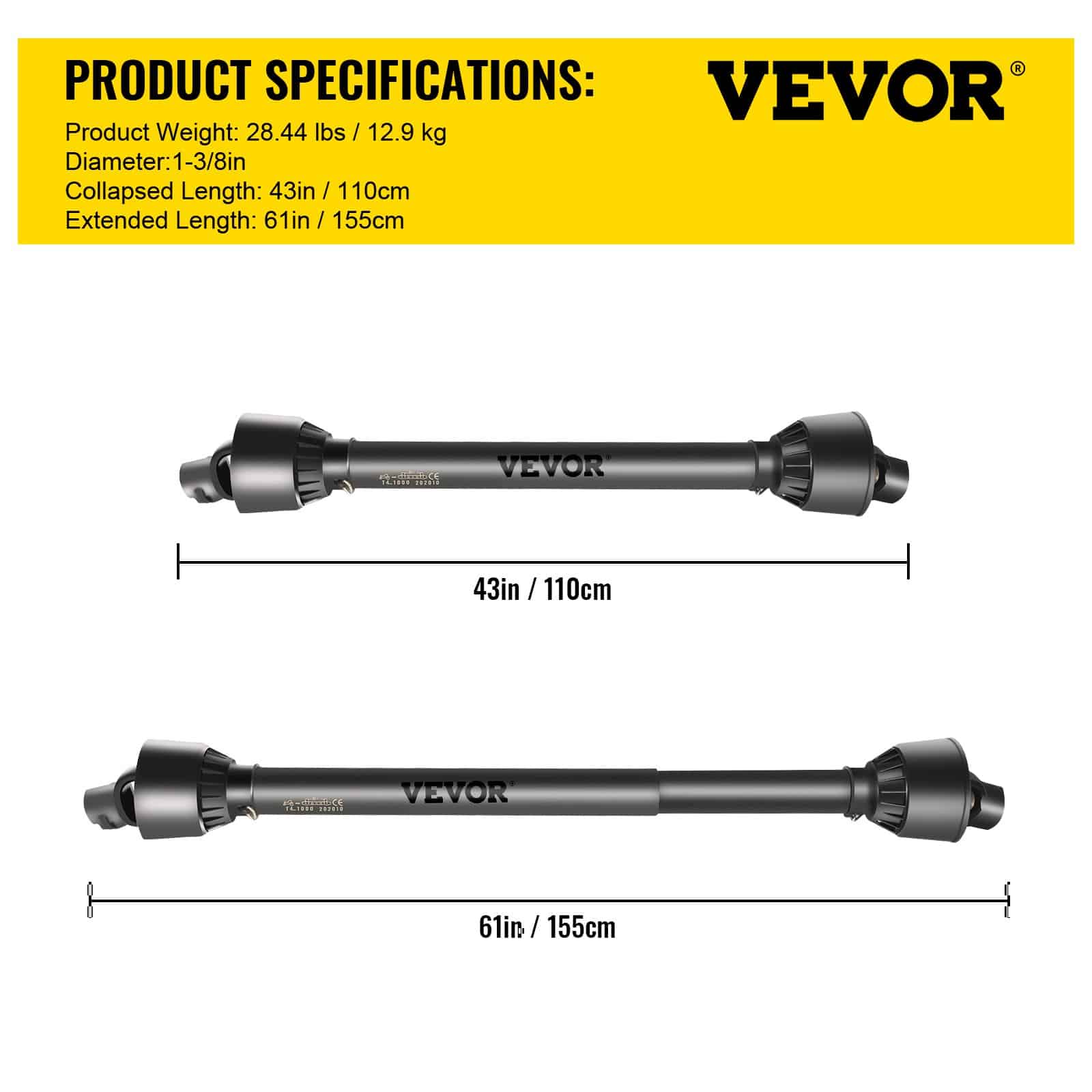 VEVOR T4 PTO Drive Shaft 1-3/8" 6-Spline x Round End, Telescopic 1100–1550mm, 35HP/53HP for Tractors & Agricultural Tools — изображение 7