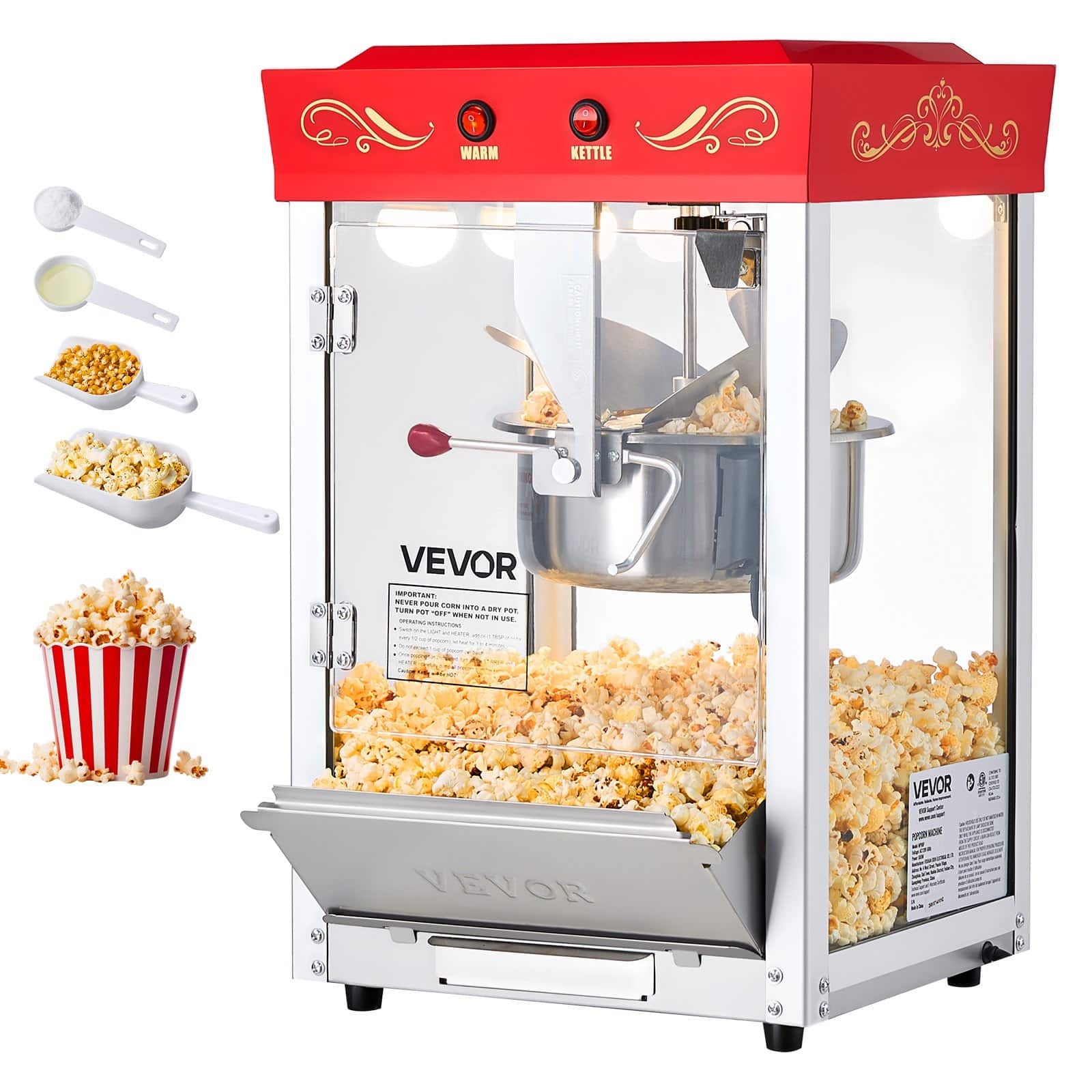 VEVOR Commercial Popcorn Machine, 0.2kg Stainless Steel Kettle, 800W ...