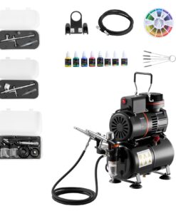 VEVOR Aerograafi Komplekt 1/6 HP Kompressoriga, 3 Kahetoimelist Aerograafi (0.3/0.3/0.5 mm), Voolik, Värv, Tortidele, Küüntele, Mudelitele