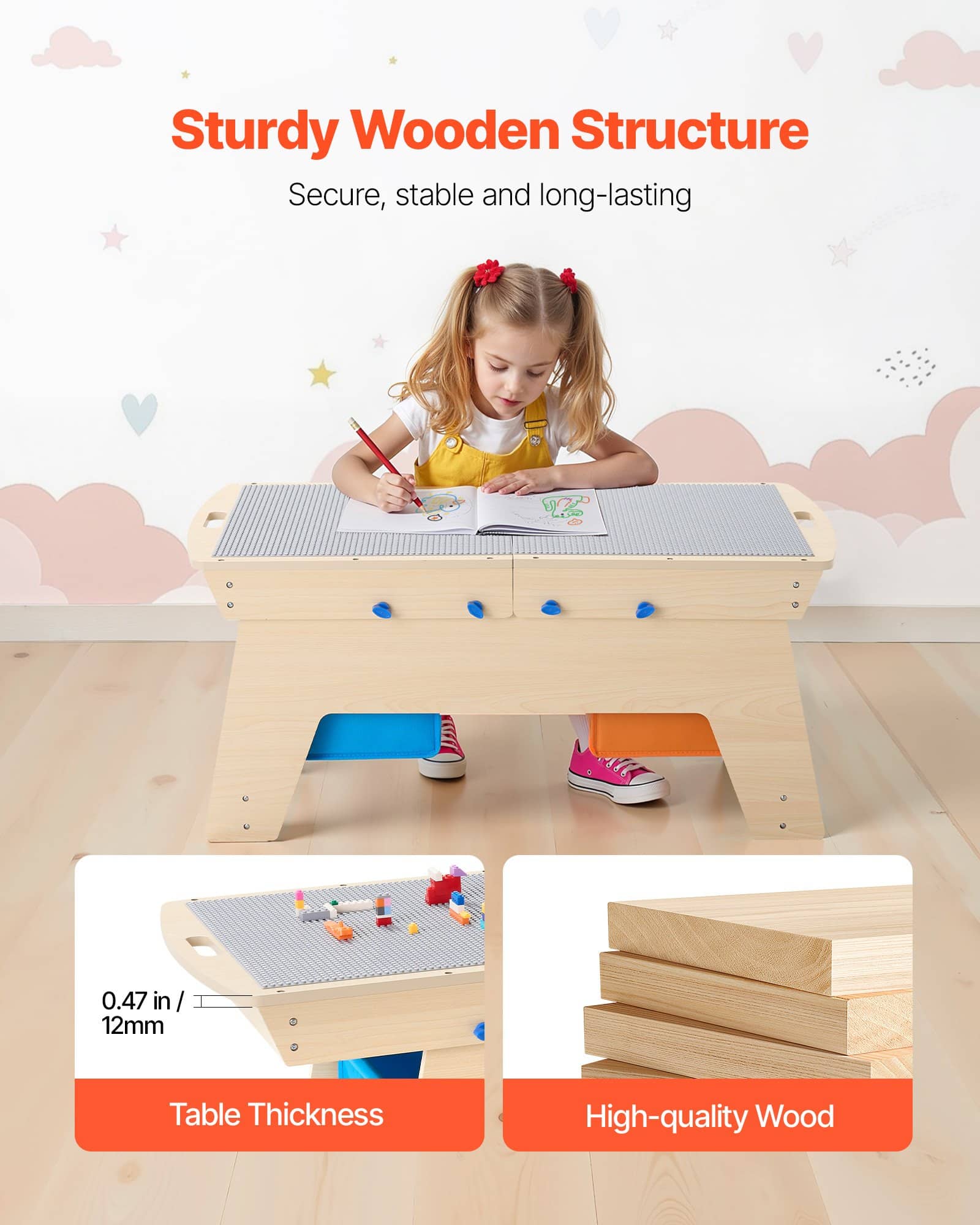 VEVOR Wooden Kids Activity Table with 200 Building Blocks & 3 Storage ...