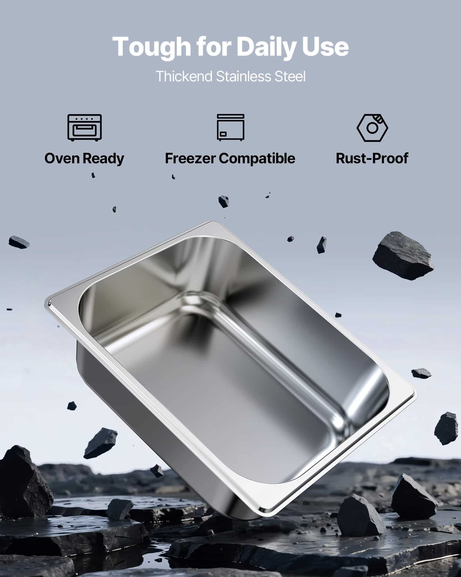 VEVOR 6-Pack 1/2 Size Stainless Steel Steam Table Pans, 98mm Deep, 6L, Rustproof, Anti-Jam Catering Pans for Buffet & Kitchen - Pilt 2