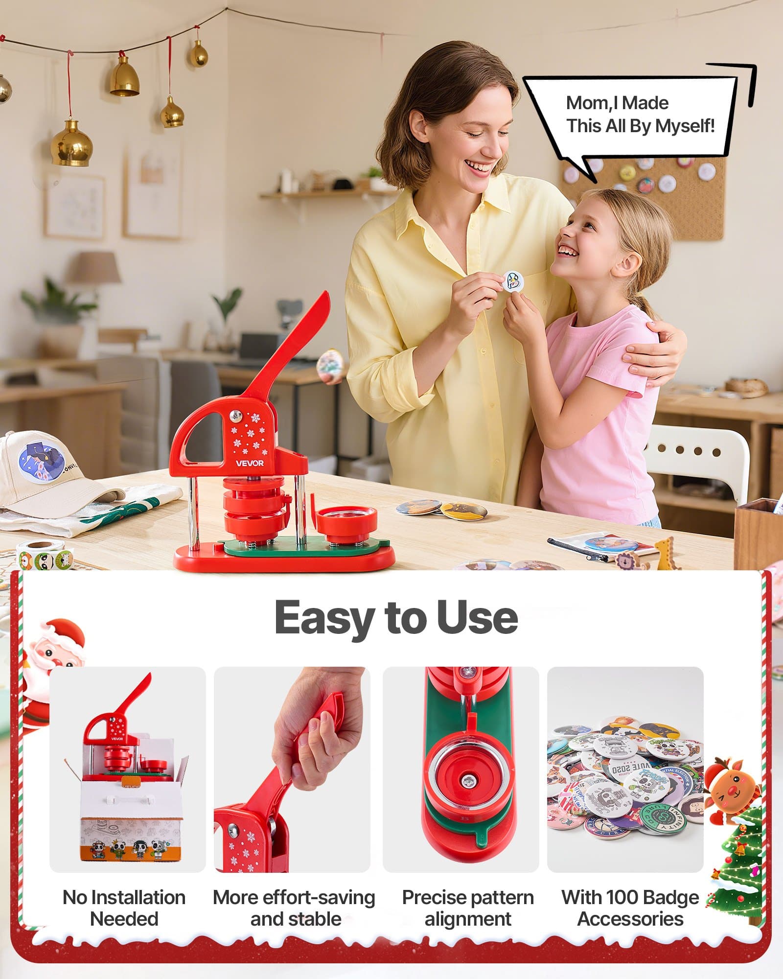VEVOR 58mm Button Maker Machine with 100 Parts, Circle Cutter & Tools, DIY Badge & Pin Press for Crafts, Red — Attēls 5