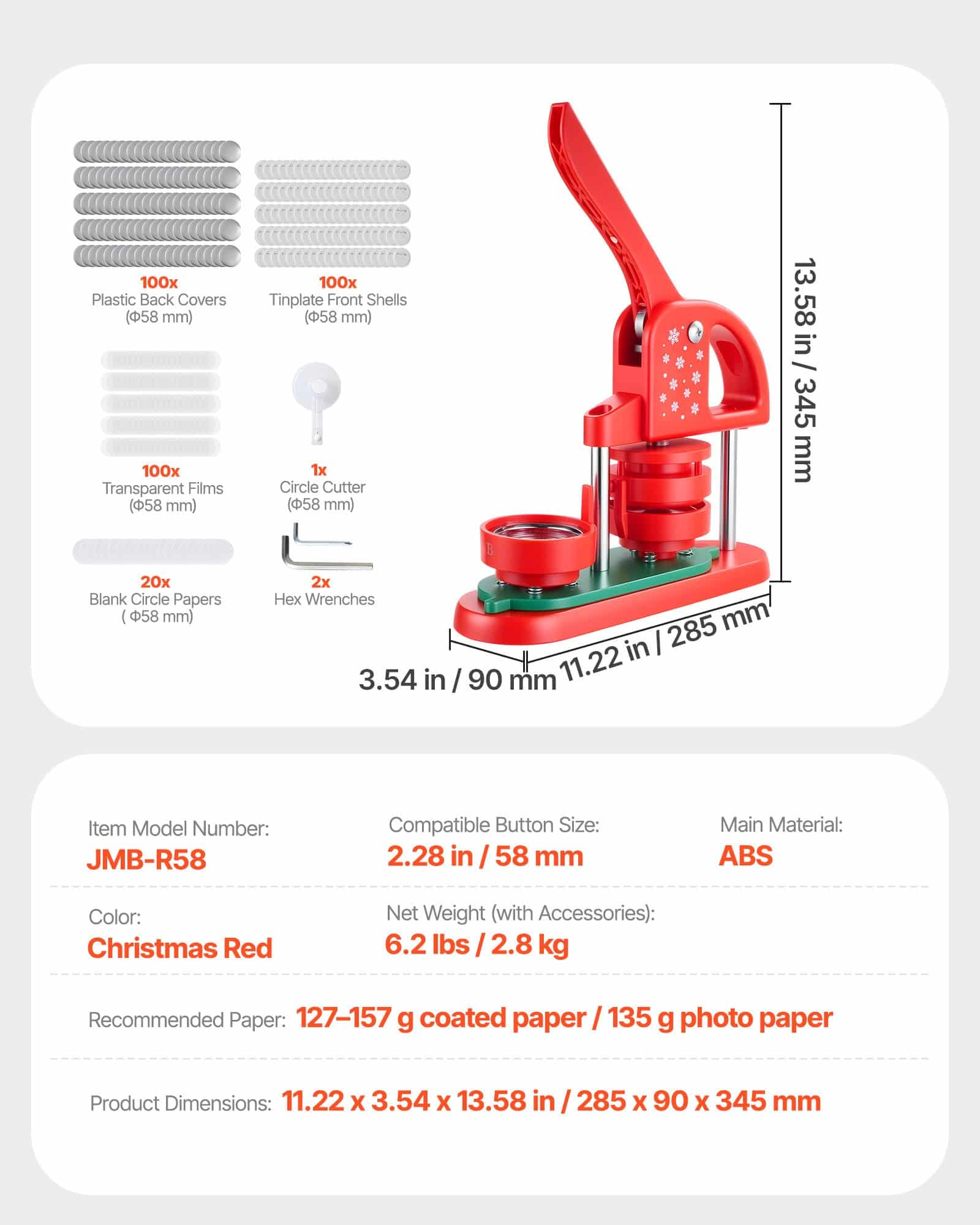 VEVOR 58mm Button Maker Machine with 100 Parts, Circle Cutter & Tools, DIY Badge & Pin Press for Crafts, Red — Attēls 7