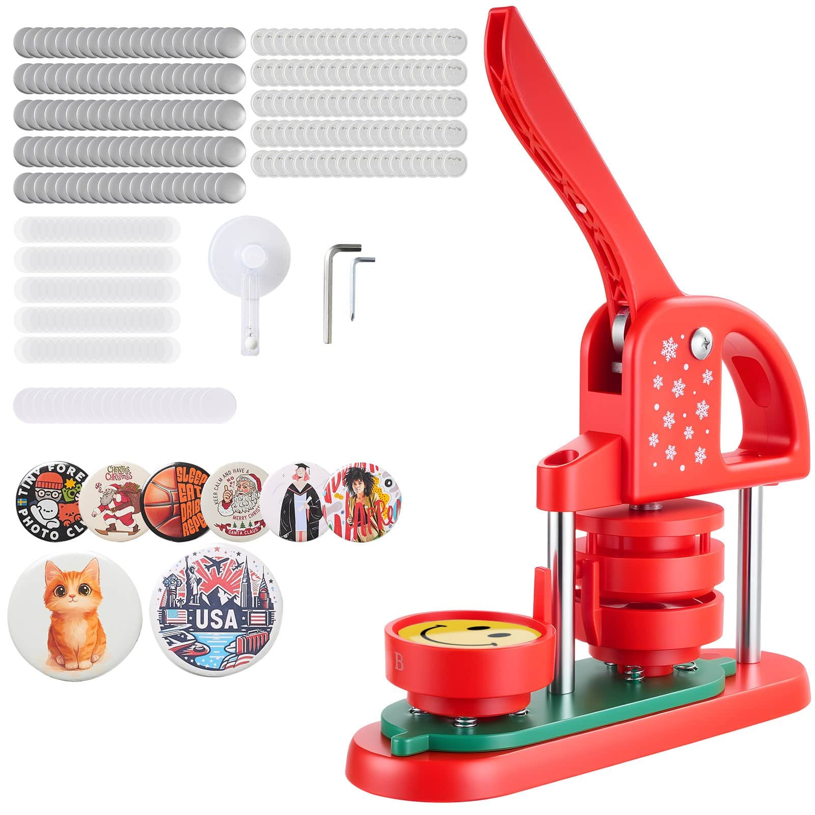 VEVOR 58mm Button Maker Machine with 100 Parts, Circle Cutter & Tools, DIY Badge & Pin Press for Crafts, Red