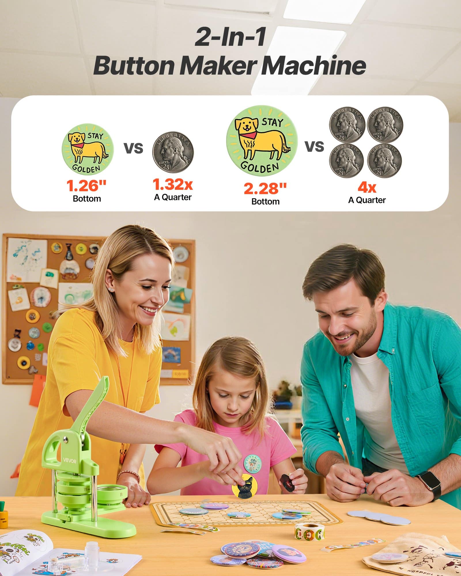 VEVOR 2-in-1 Button Maker Machine 32mm/58mm with 200 Parts, Cutter & Magic Book, DIY Badge & Pin Maker, Green — Attēls 2