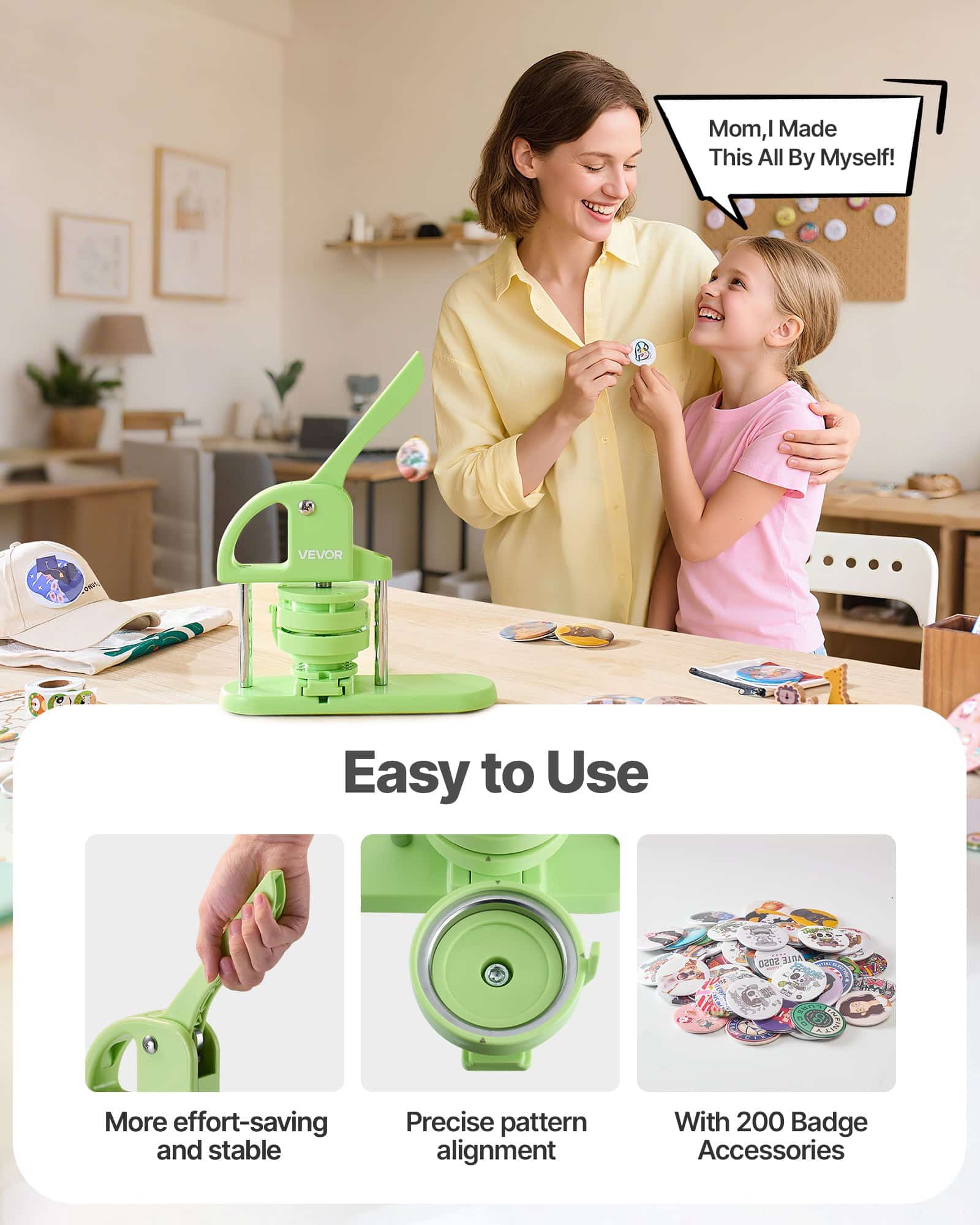 VEVOR 2-in-1 Button Maker Machine 32mm/58mm with 200 Parts, Cutter & Magic Book, DIY Badge & Pin Maker, Green — Attēls 5