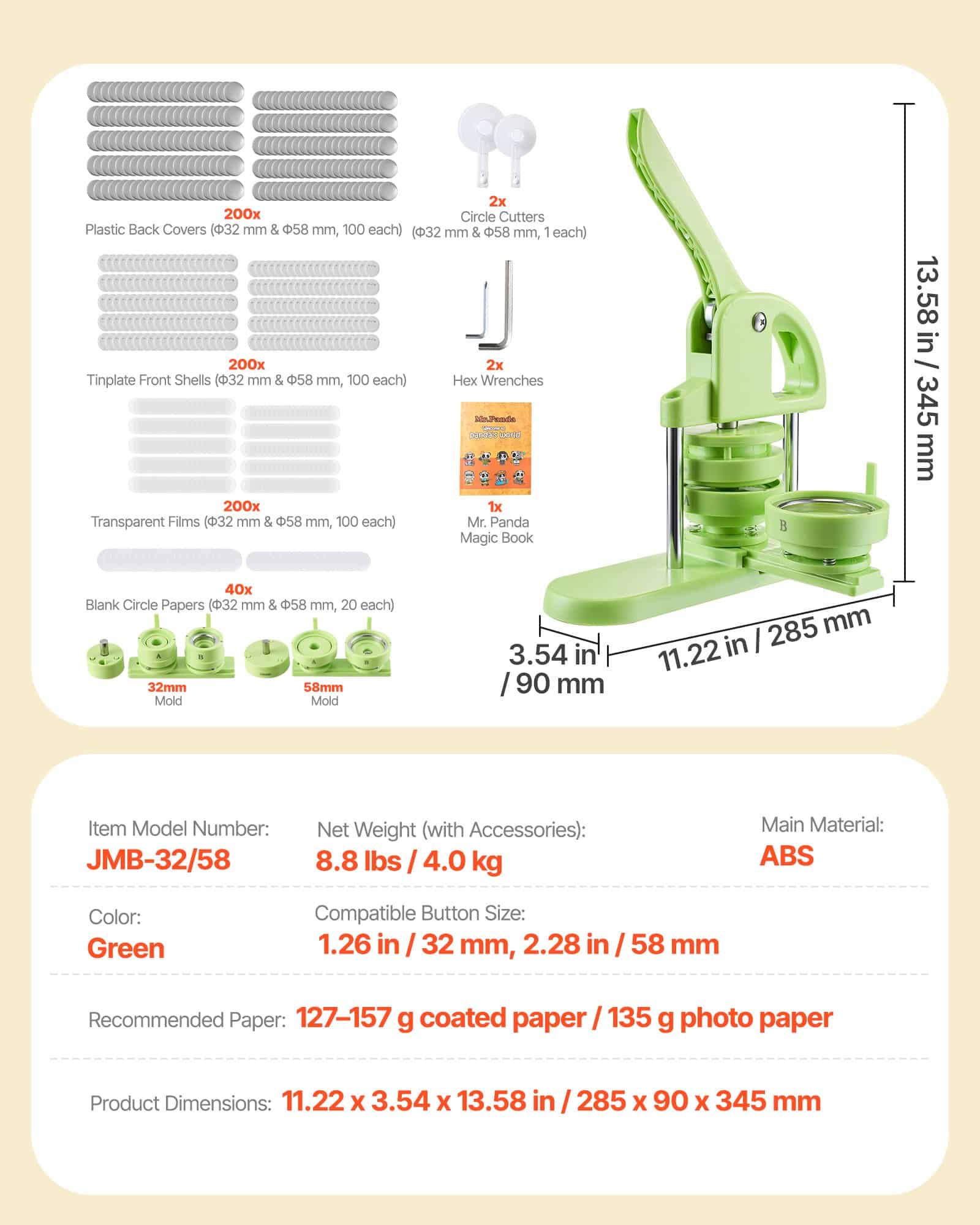 VEVOR 2-in-1 Button Maker Machine 32mm/58mm with 200 Parts, Cutter & Magic Book, DIY Badge & Pin Maker, Green — Attēls 7