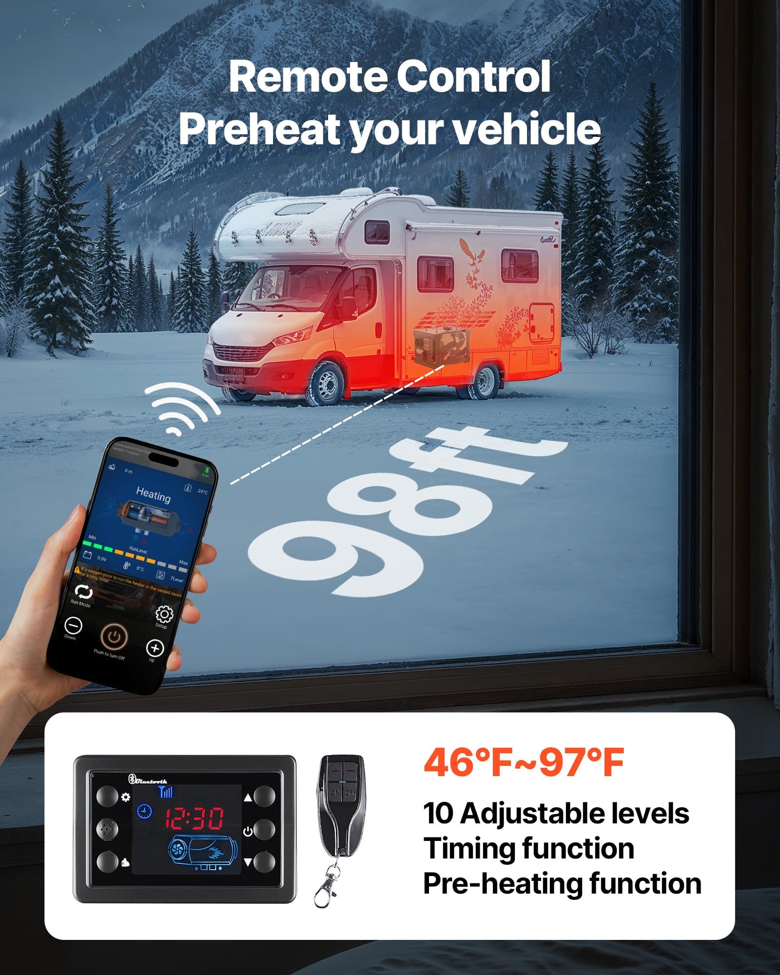 VEVOR 8kW Portatīvais Dīzeļa Gaisa Sildītājs 12V/24V, Bluetooth ...