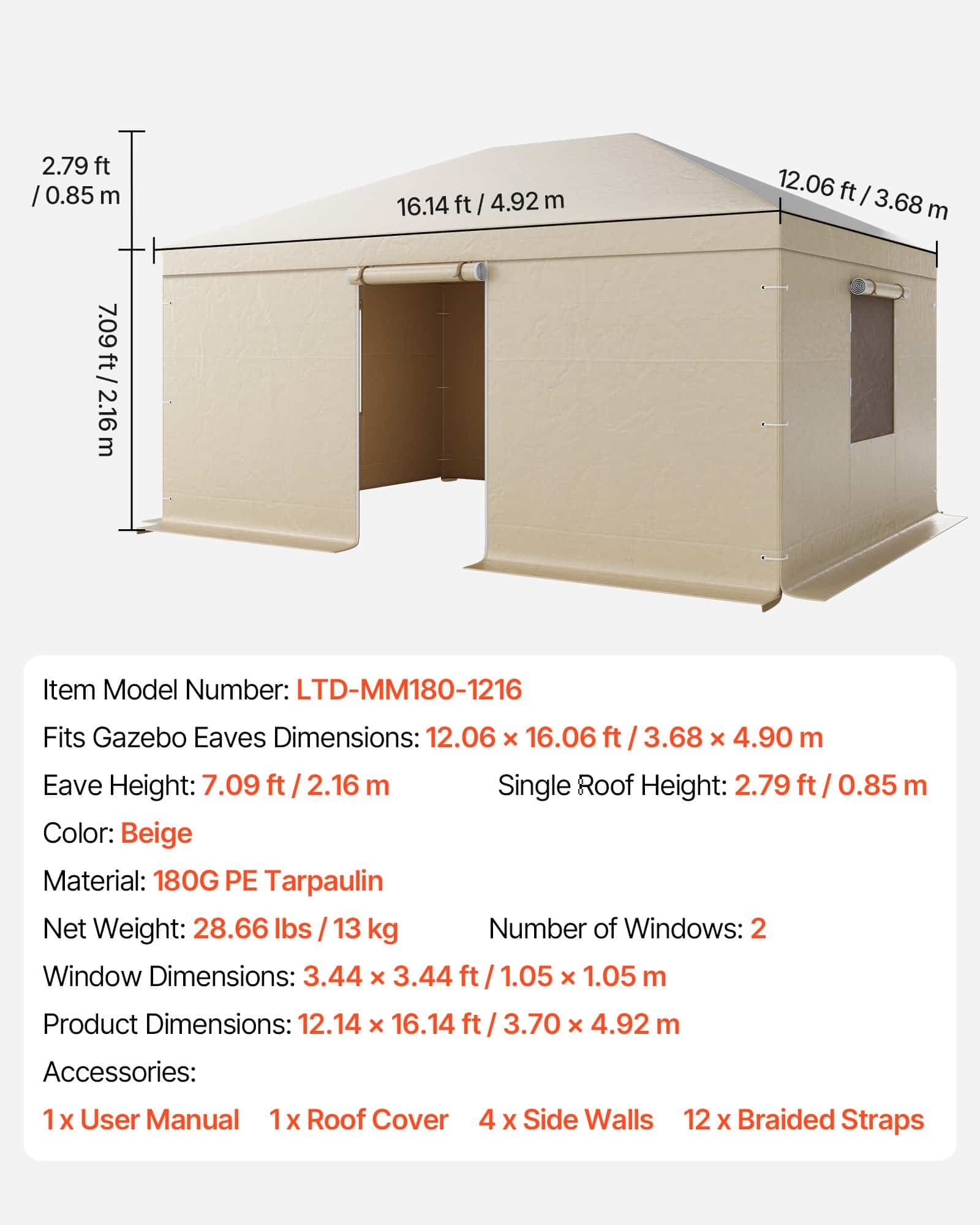 VEVOR Winter Gazebo Cover for 3.68x4.9 m Hardtop Gazebos, Waterproof PE with Sidewalls, Windows & Door, All-Weather Shelter — изображение 7