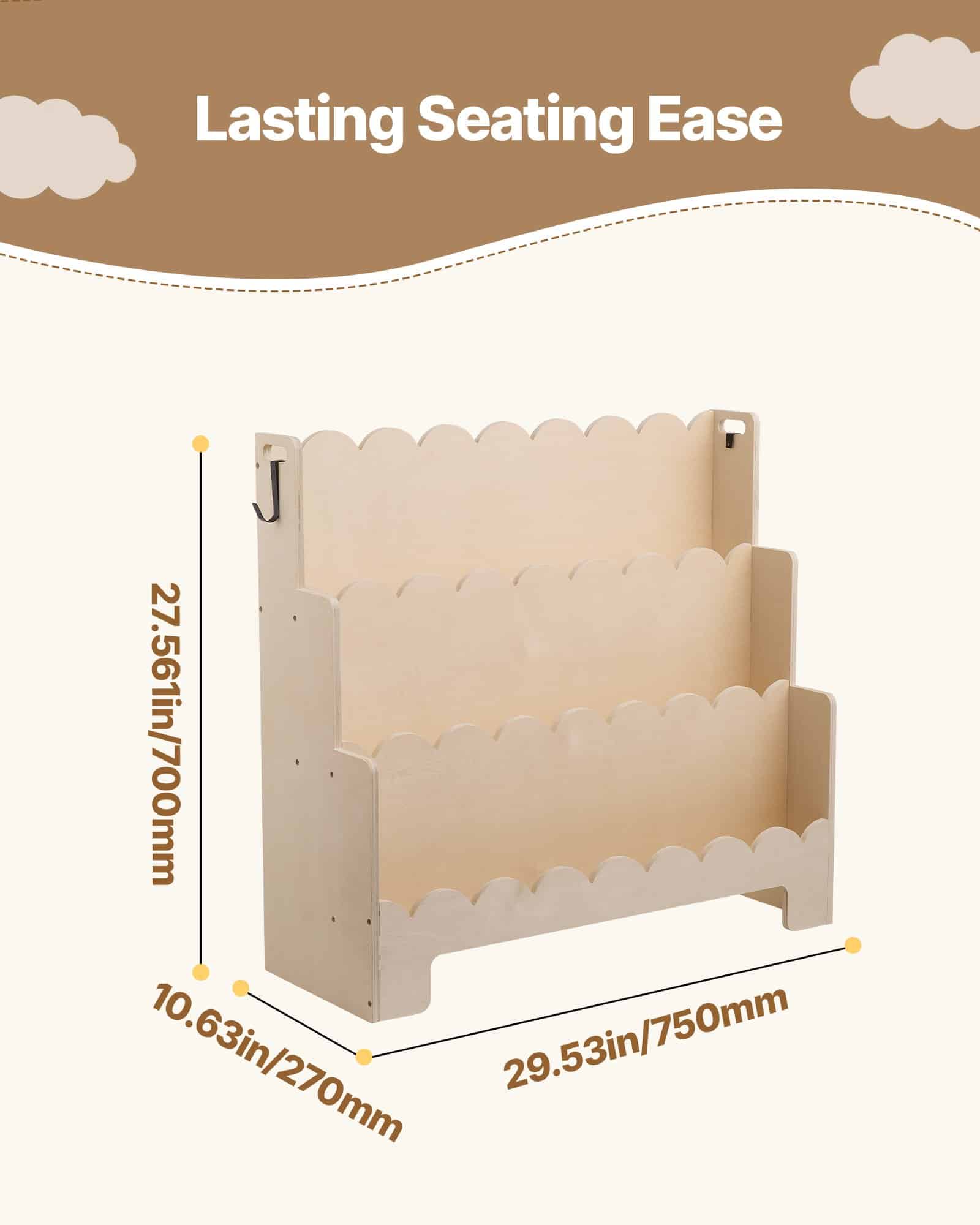 VEVOR 3-Tier Montessori Kids Bookshelf with Scalloped Design and Hooks – Front-Facing Wooden Bookcase for Toddlers & Preschool - Зображення 2