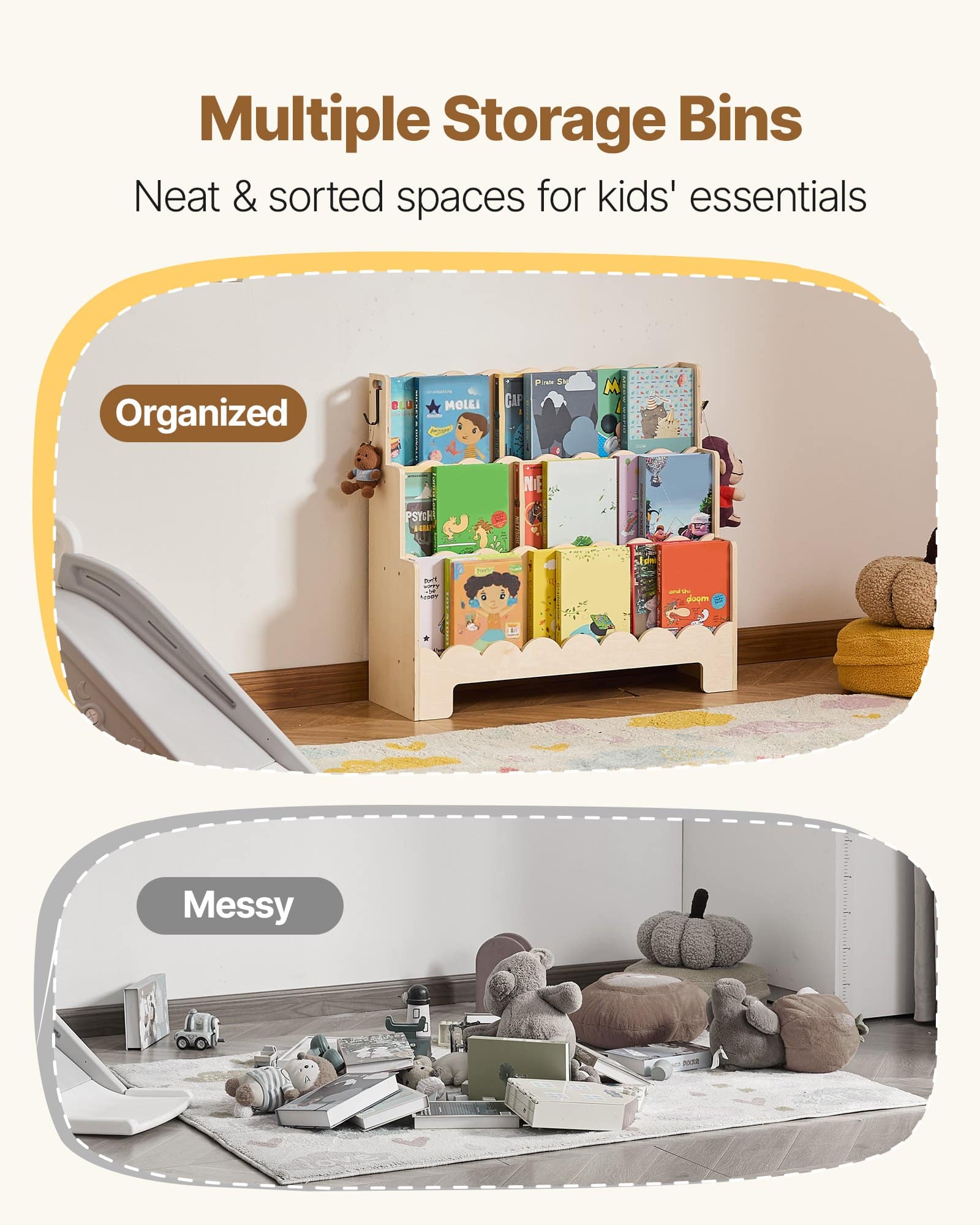 VEVOR 3-Tier Montessori Kids Bookshelf with Scalloped Design and Hooks – Front-Facing Wooden Bookcase for Toddlers & Preschool - Зображення 3