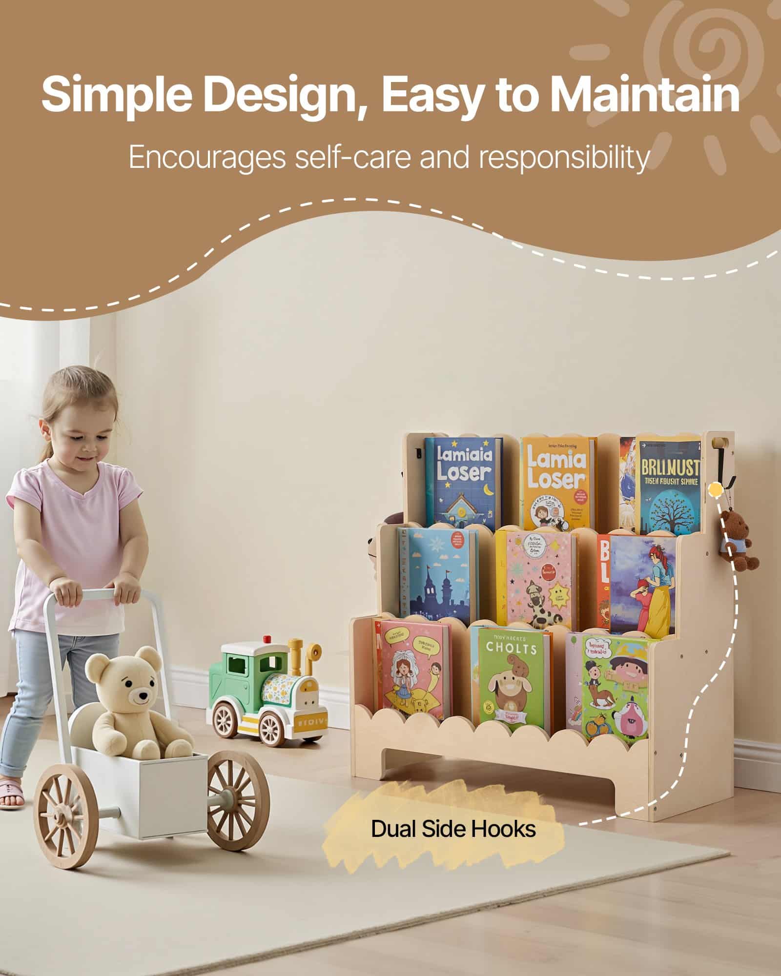 VEVOR 3-Tier Montessori Kids Bookshelf with Scalloped Design and Hooks – Front-Facing Wooden Bookcase for Toddlers & Preschool - Зображення 4
